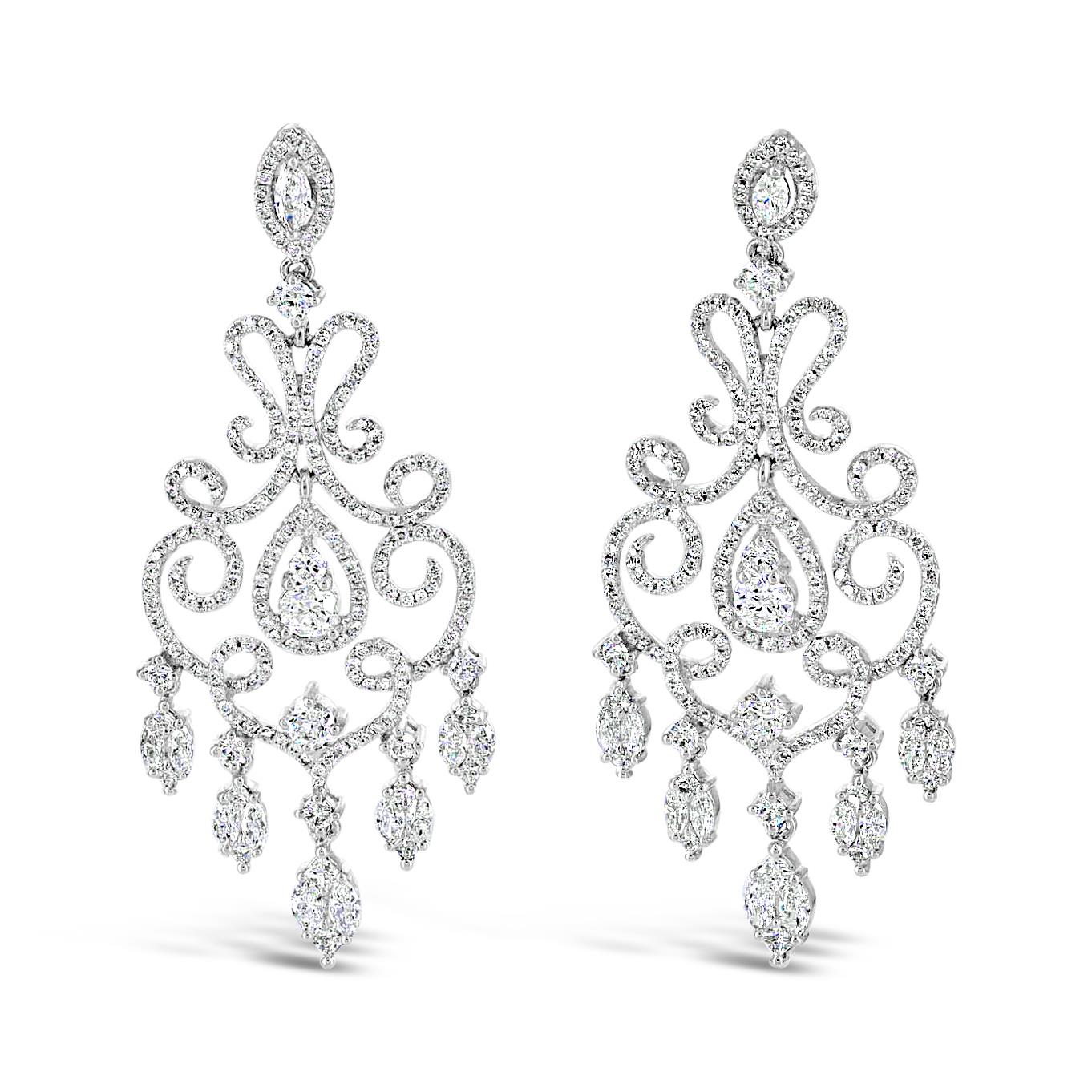 London Collection 18k White Gold Diamond Open Scroll Chandelier Dangle ...