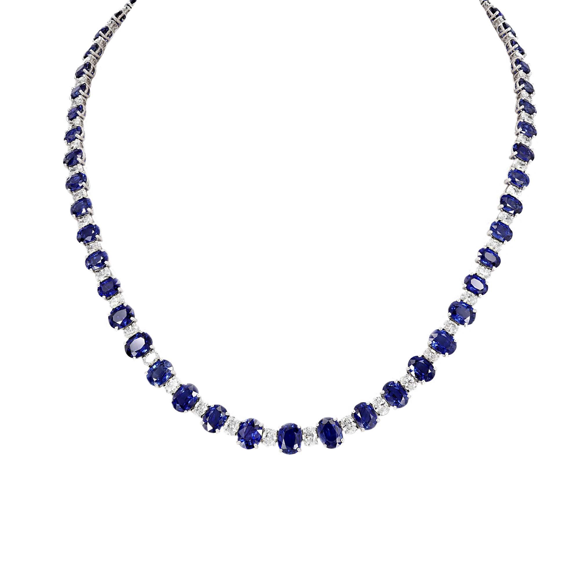 London Collection White Gold Alternating Oval Diamond and Blue Sapphire Necklace