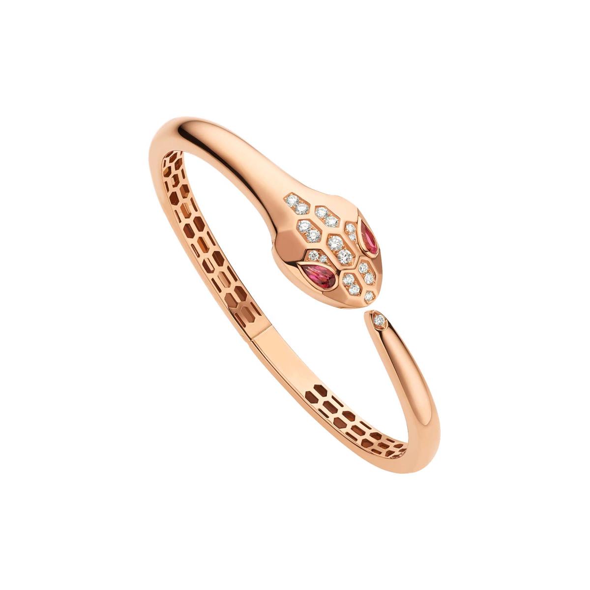 Bvlgari Serpenti 18k Rose Gold Demi Pave Diamond and Rubellite Bracelet