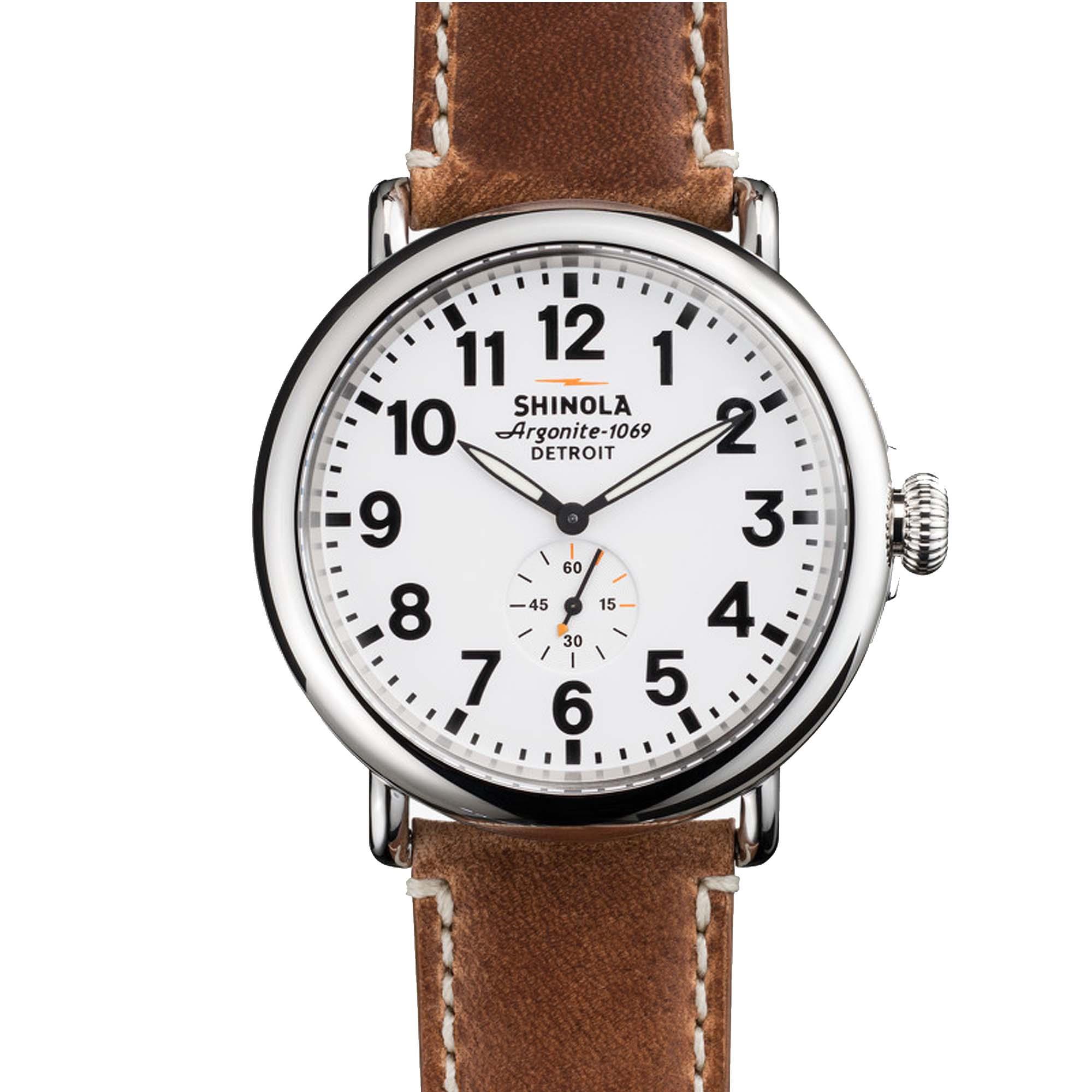 Shinola Runwell Stainless Steel 47mm Quartz White Dial with Tan Leather Strap