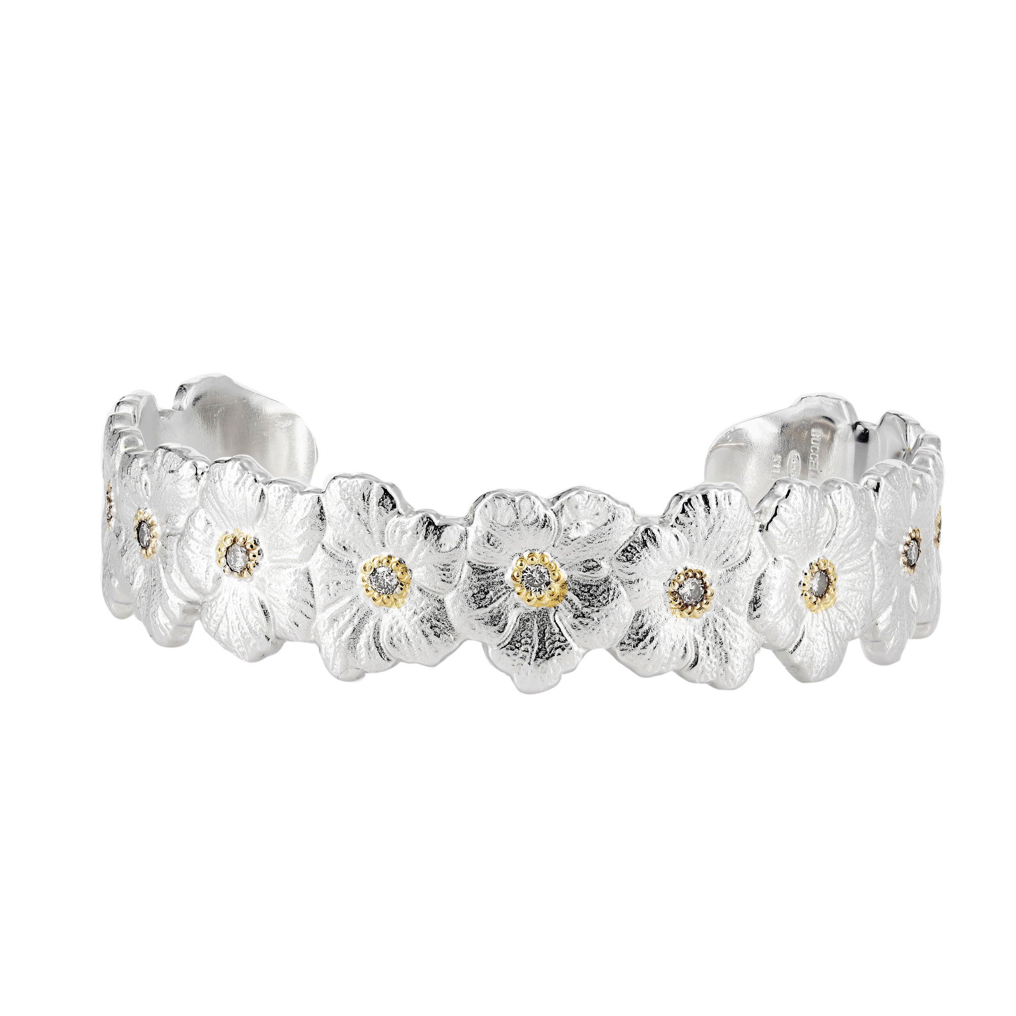 Buccellati Gardenia Sterling Silver Gold Plated Brown Diamond Cuff Bracelet