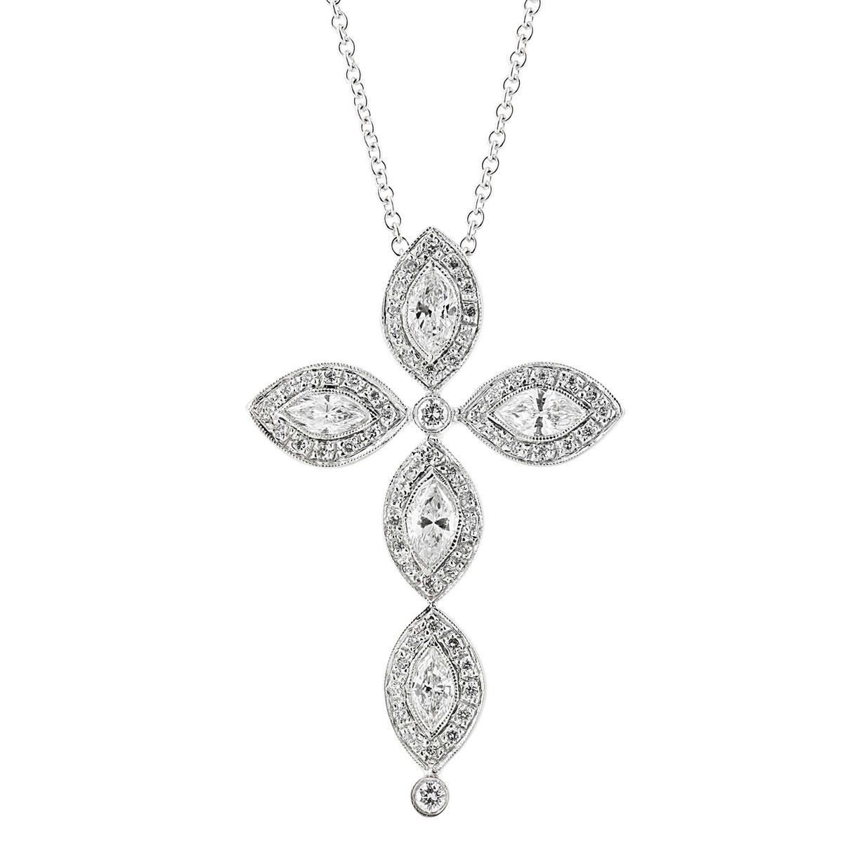 London Collection 18k White Gold Marquise and Round Cut Diamond Cross Necklace