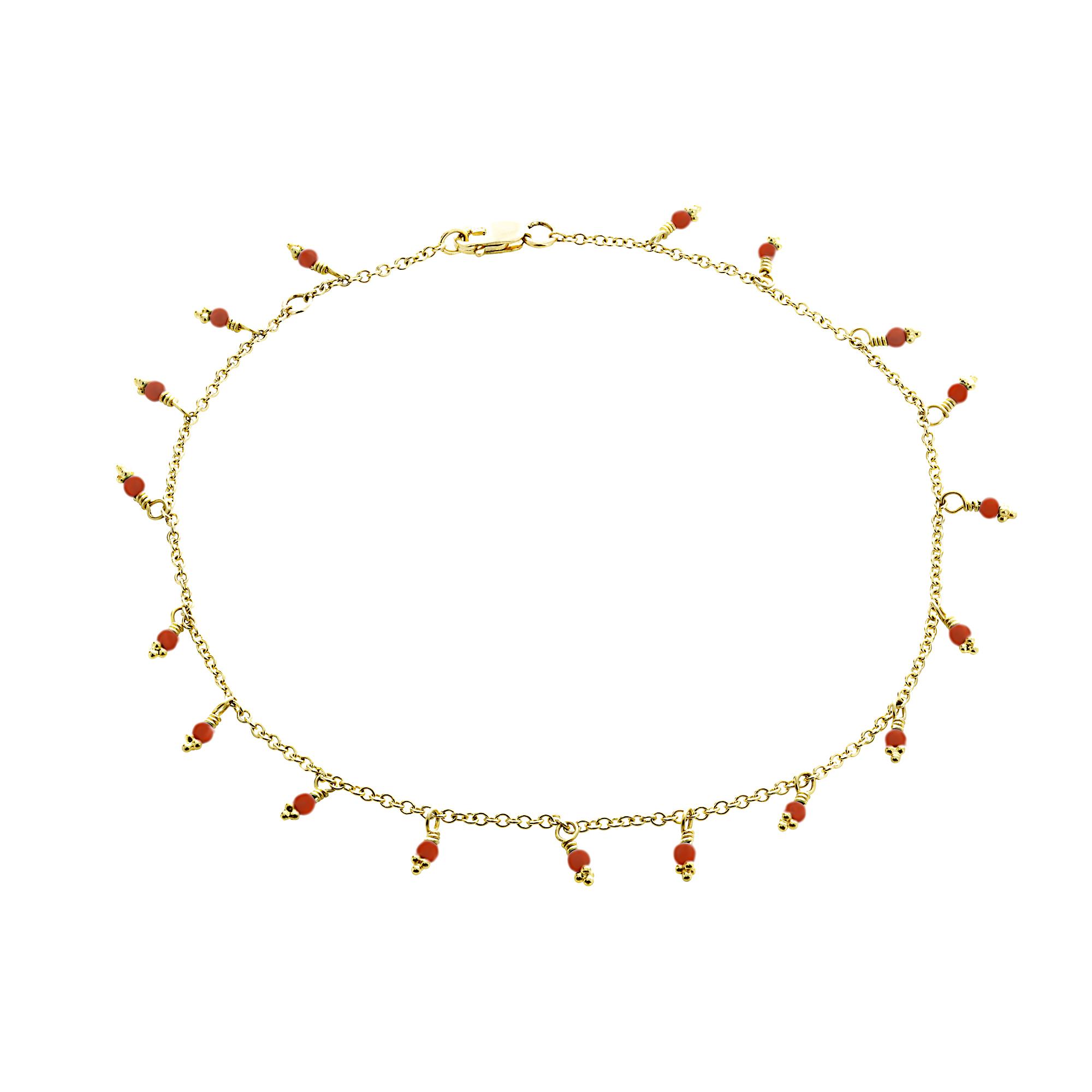 London Collection 18k Yellow Gold Coral Bead 10" Ankle Bracelet