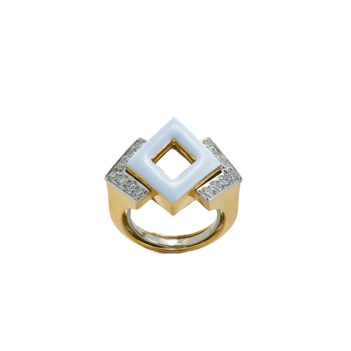 David Webb Motif Double Diamond White Enamel Ring