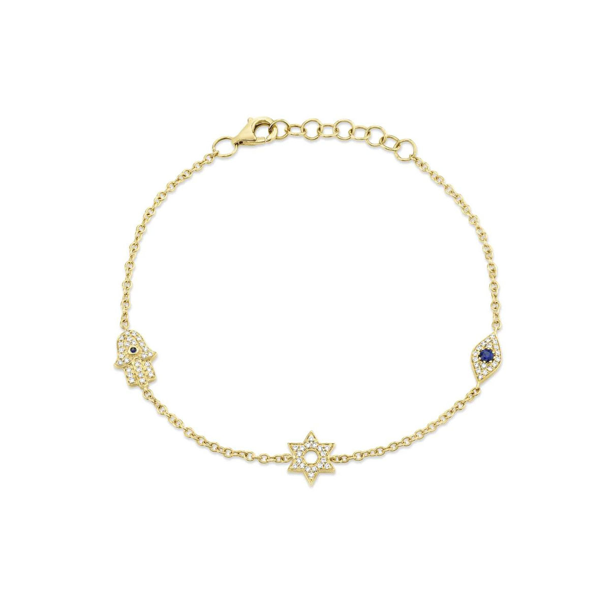 London Collection 14k Gold Diamond Hamsa Evil Eye and Star Station Bracelet