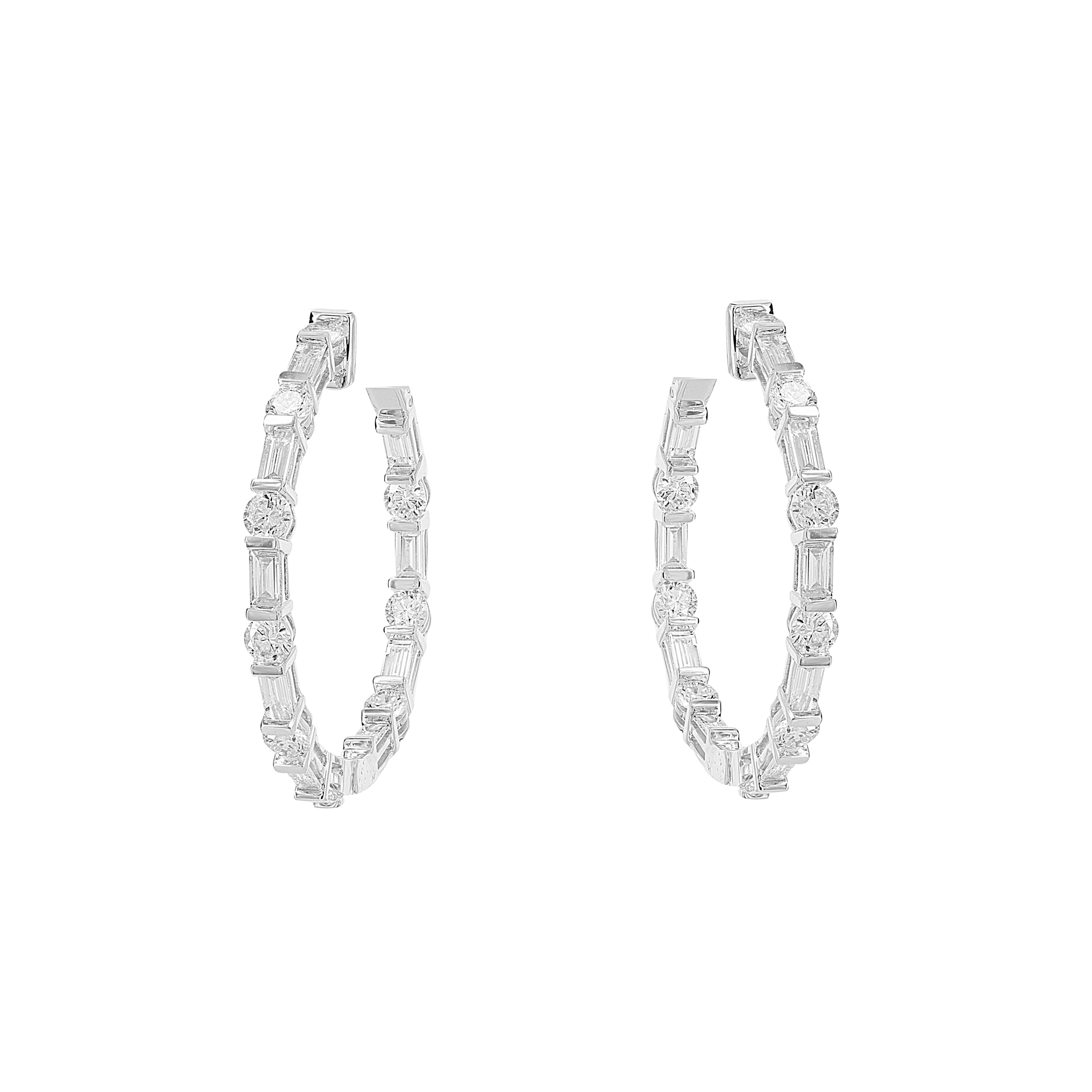 London Collection 18k White Gold Baguette and Round Diamond In and Out Hoop Earrings