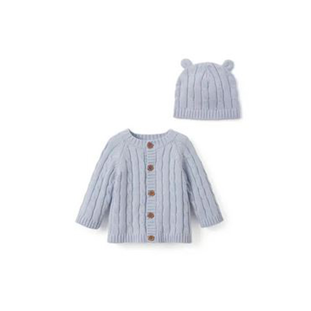 Elegant Baby Blue Boxed Cable Sweater and Hat Set