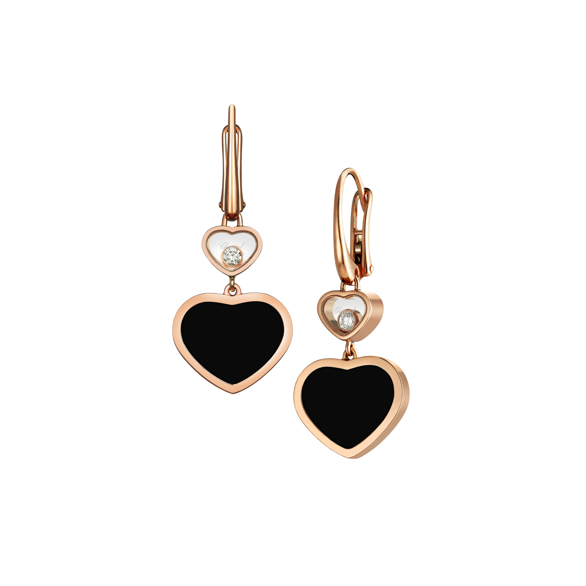 Chopard Happy Hearts 18k Rose Gold Diamond and Black Onyx Hanging Earrings