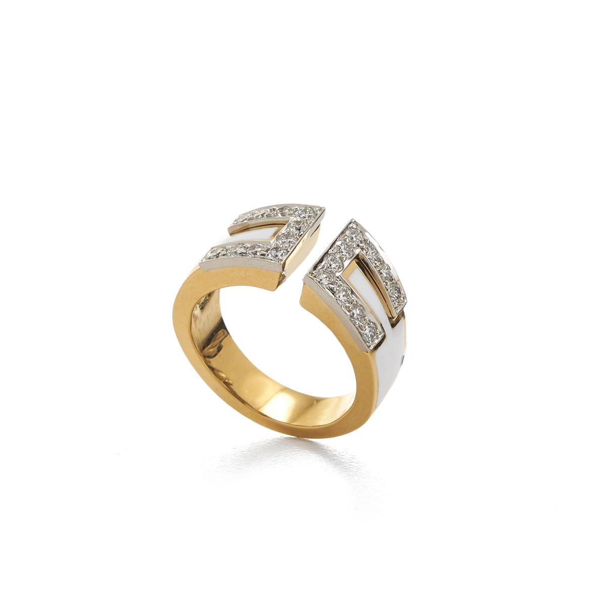 David Webb Motif 18k and White Enamel Diamond Gap Ring