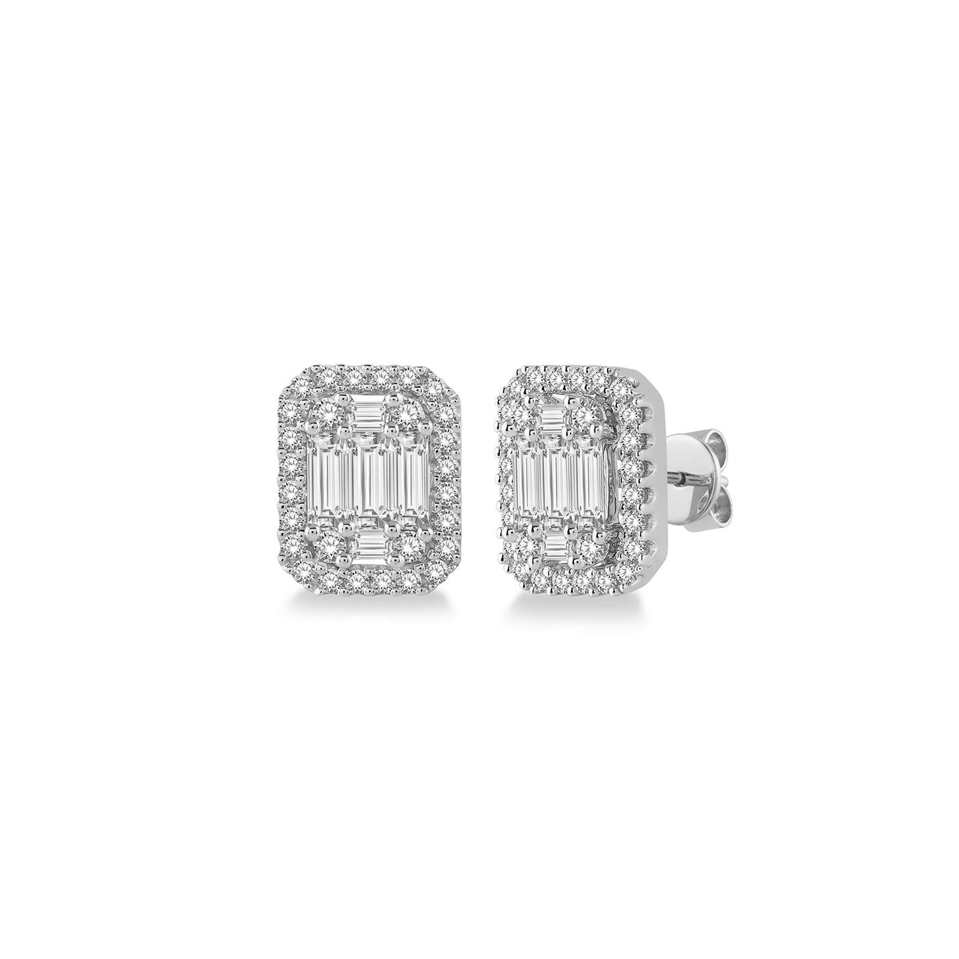 London Collection 14k White Gold Round and Baguette Diamond Stud Earrings