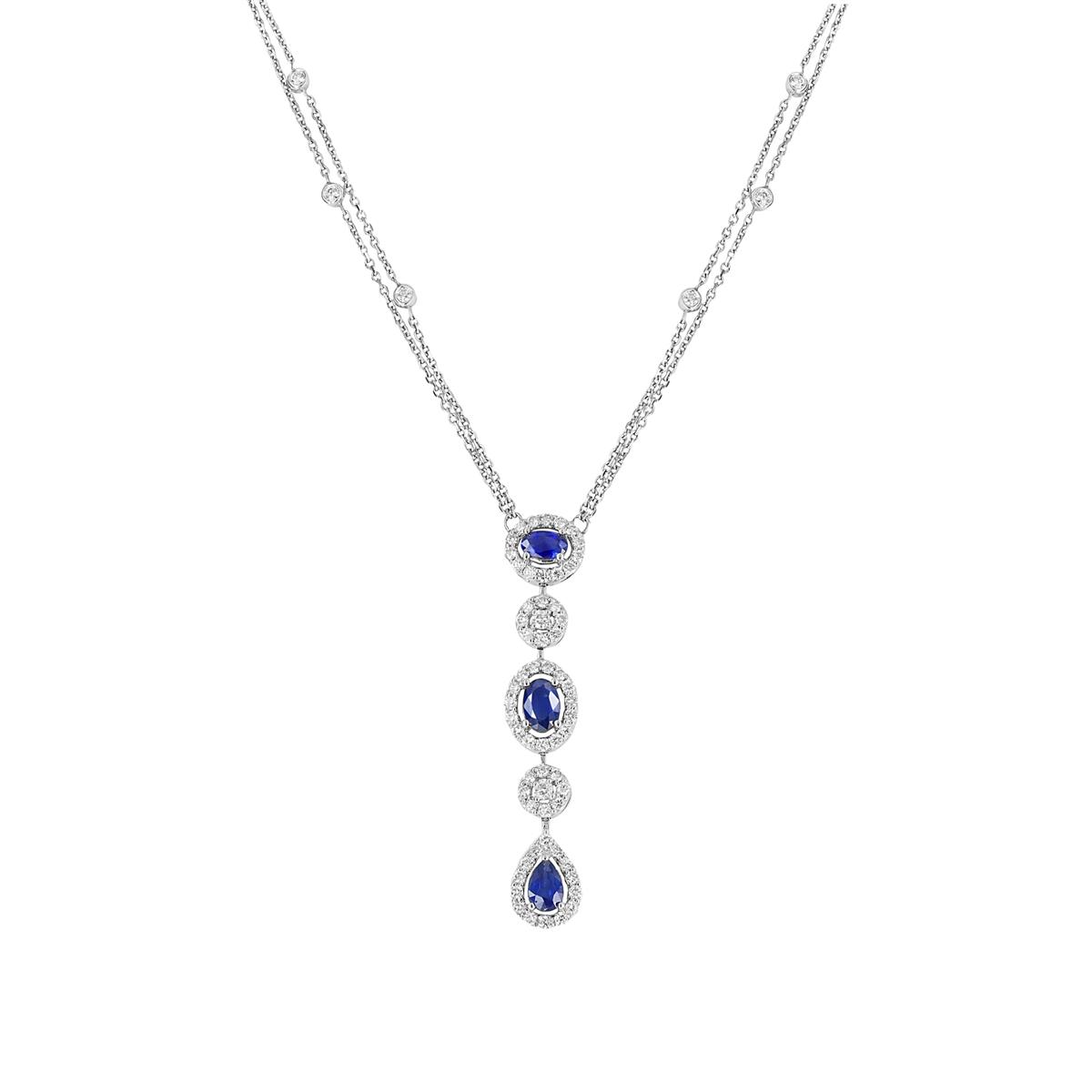 London Collection White Gold Diamond and Blue Sapphire Double Chain Necklace