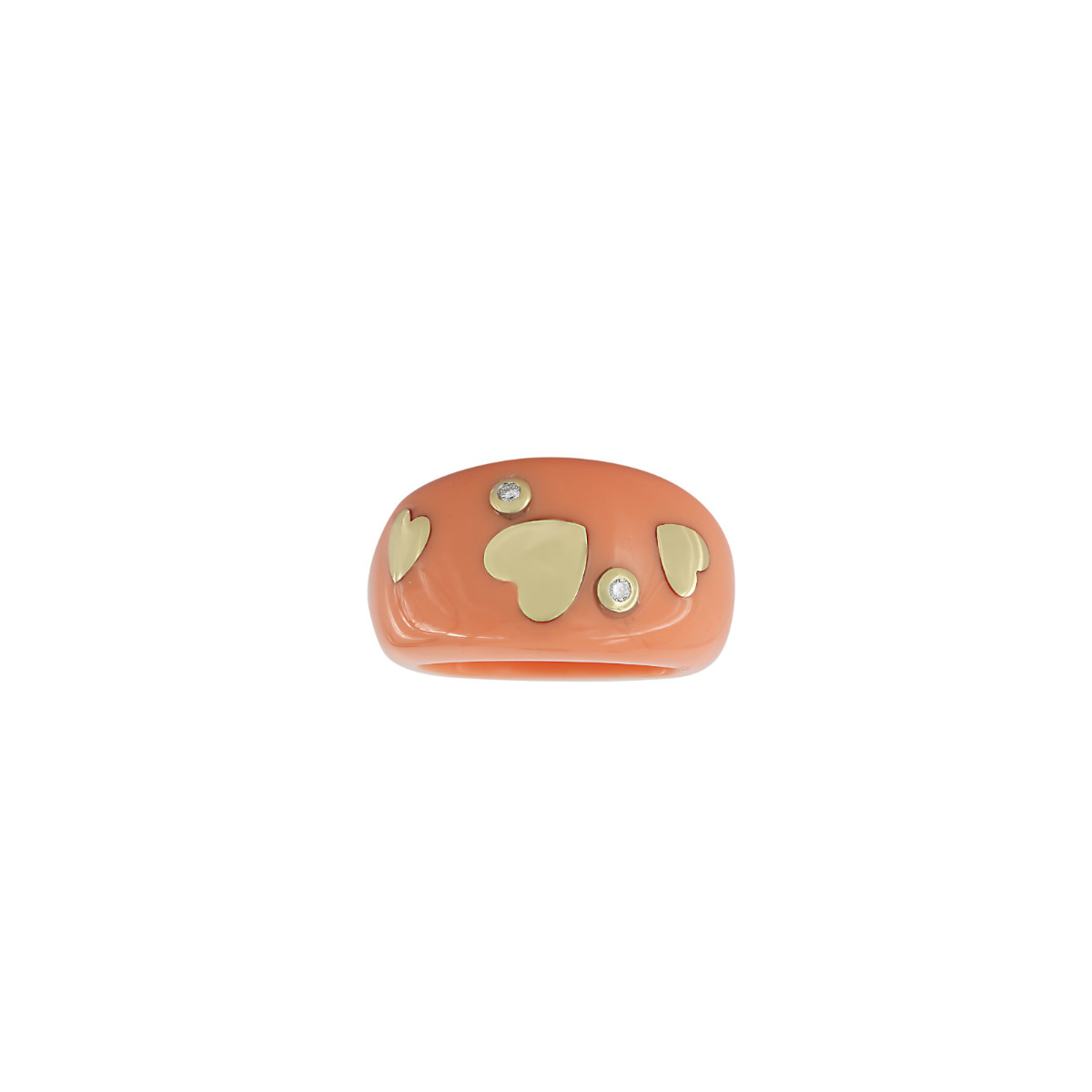 London Collection 18k Yellow Gold Diamond Peach Coral Heart Dome Ring