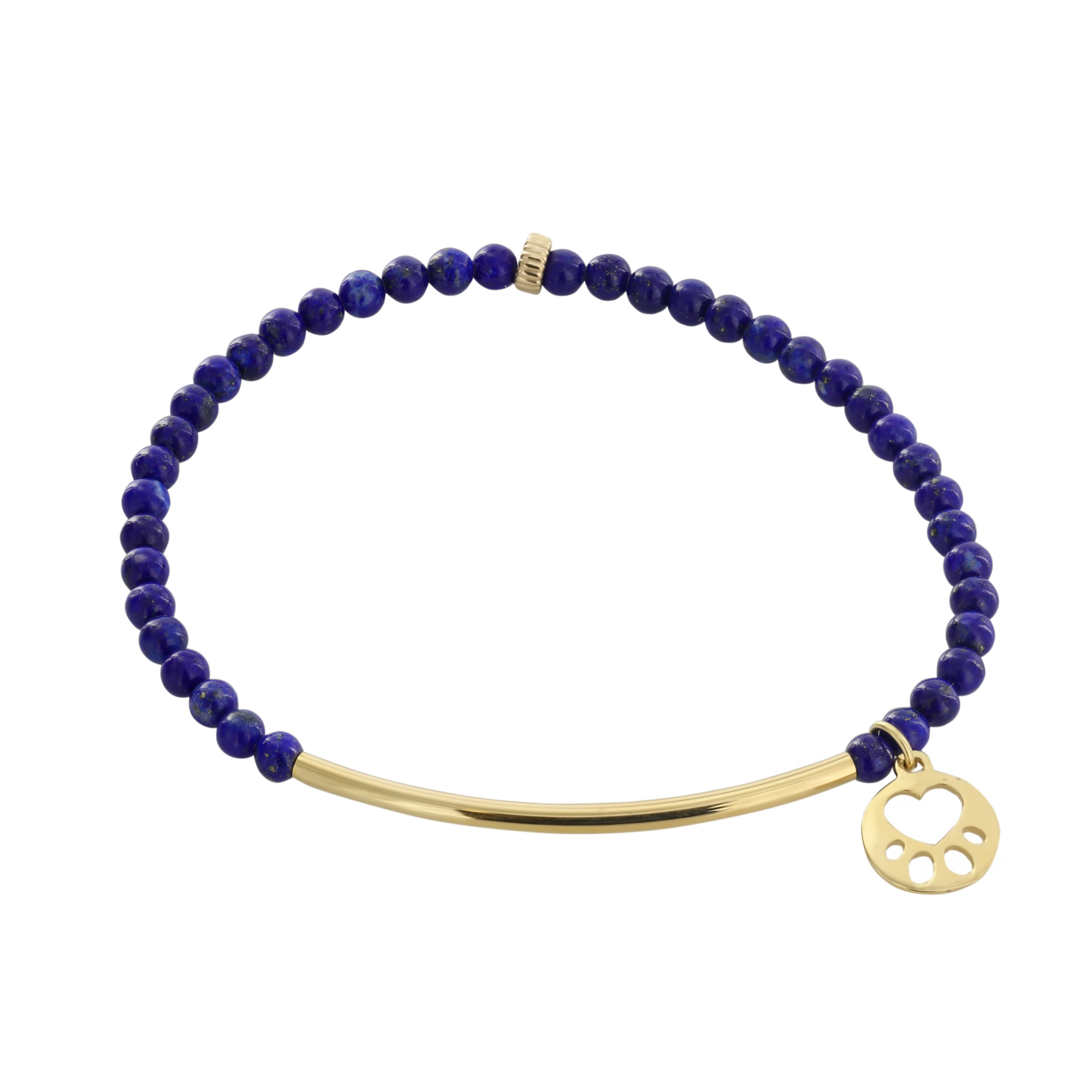 Our Cause for Paws 14k Yellow Gold Mini Paw Bar Lapis Bead Bracelet