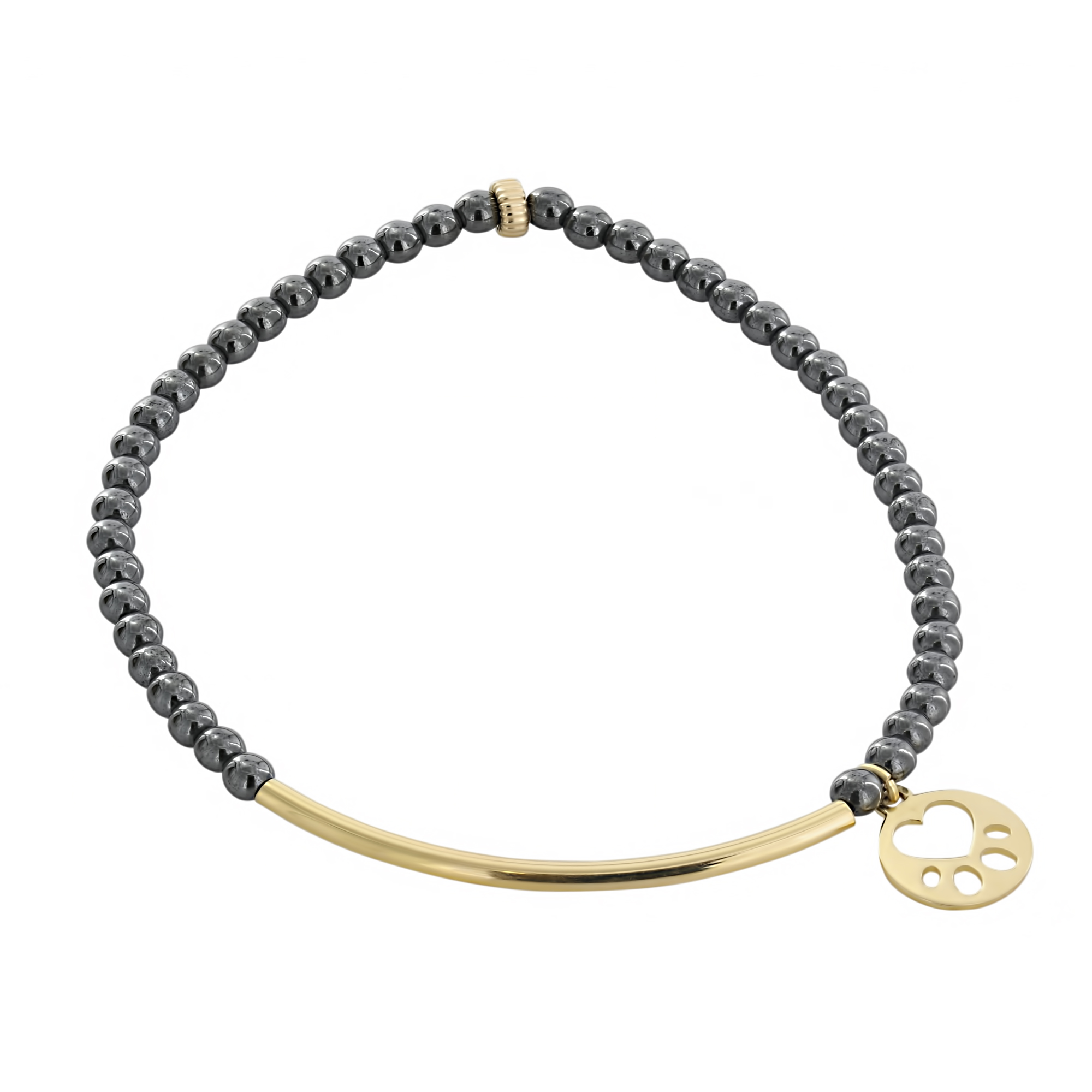 Our Cause for Paws 14k Yellow Gold Mini Paw Bar Hematite Bead Bracelet