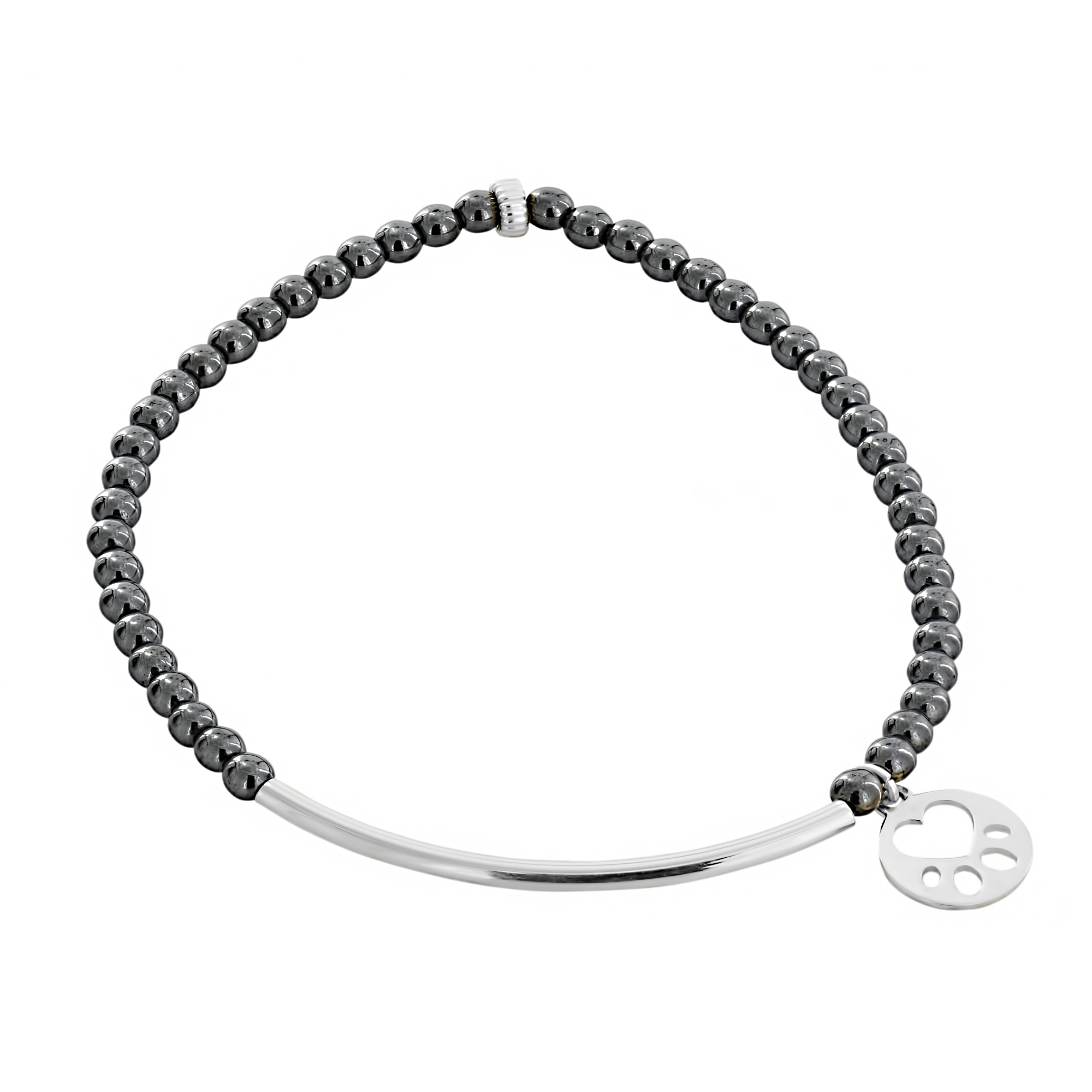 Our Cause for Paws Sterling Silver Mini Paw Bar Hematite Bead Bracelet