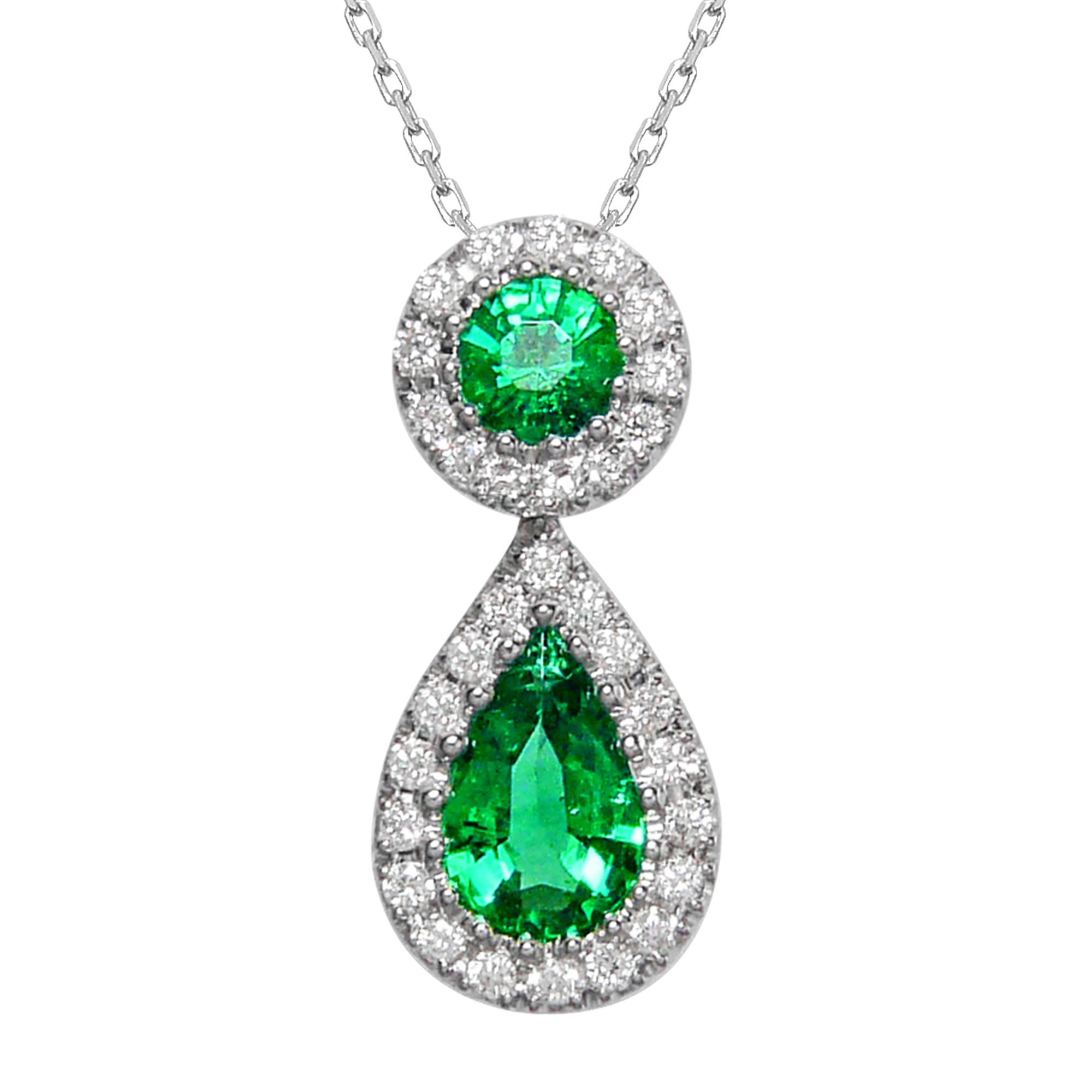 London Collection 18k Round and Pear Shape Emerald and Diamond Pendant Necklace