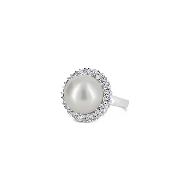 London Collection 18k White Gold 14mm South Sea Pearl Diamond Halo Ring