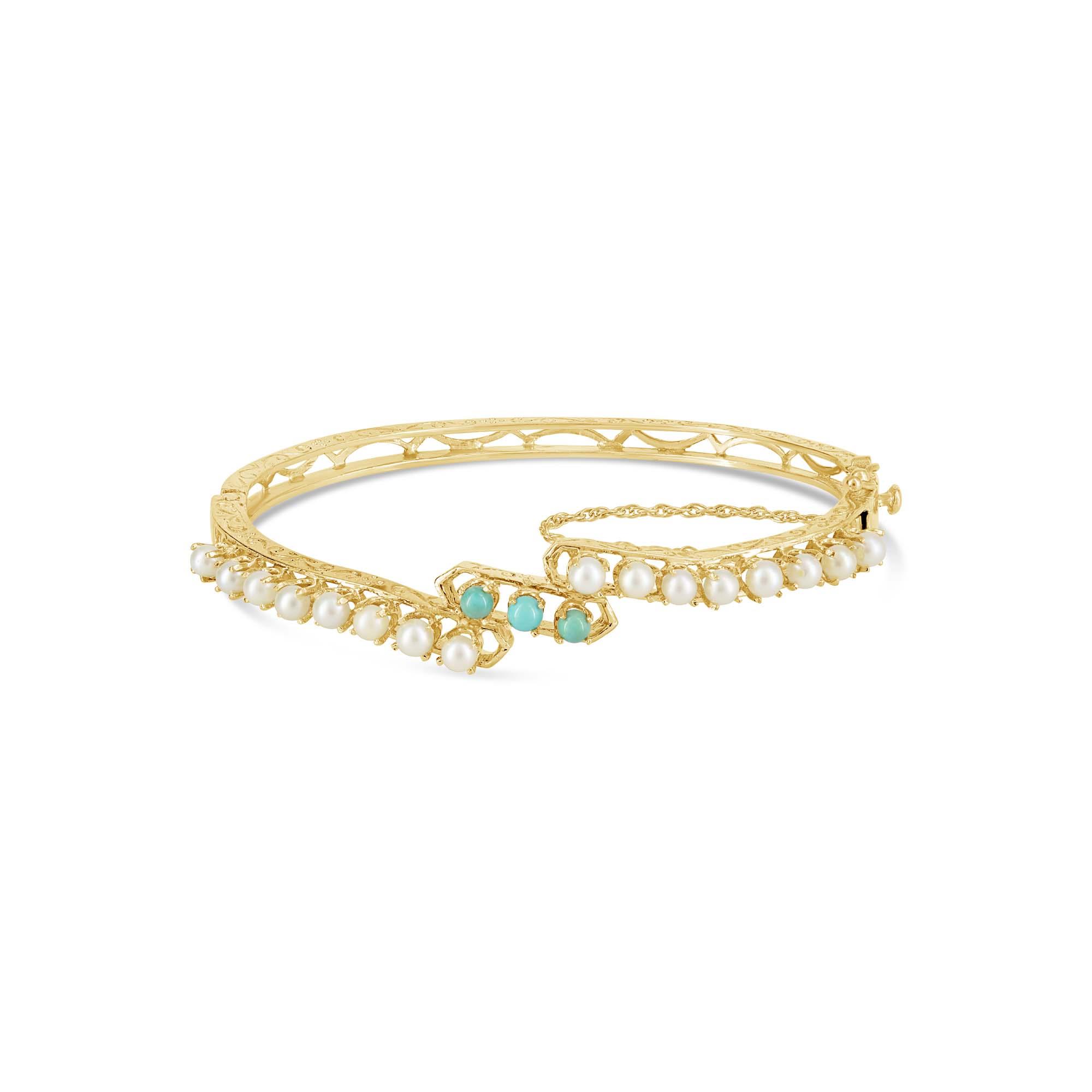 London Collection 14k Yellow Gold Turquoise and Pearl Vintage Bracelet