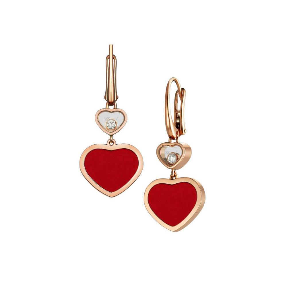 Chopard Happy Heart 18k Rose Gold Red Stone Diamond Earrings