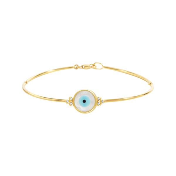 London Collection 14k Yellow Gold White Round Evil Eye Bracelet   