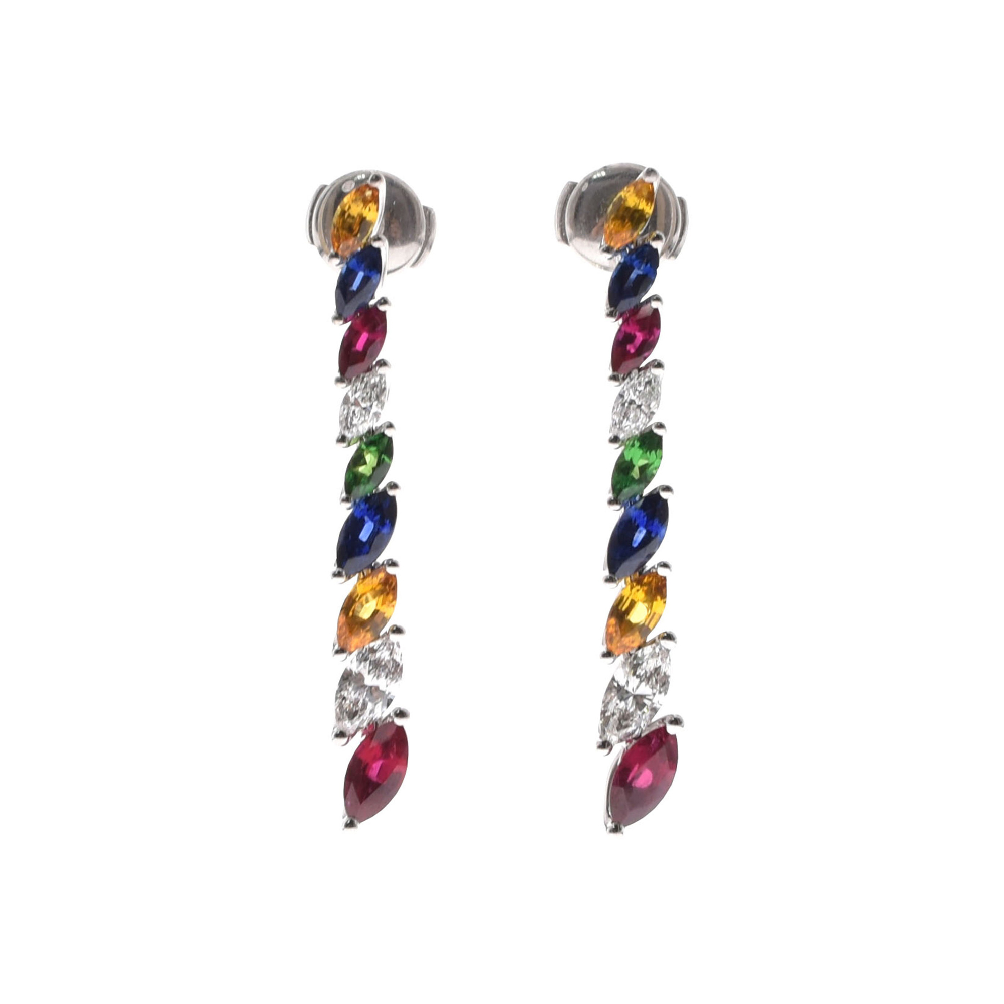 London Collection 18K White Gold Marquise Shape Diamond Sapphire Ruby Citrine and Tsavorite Drop Earrings  