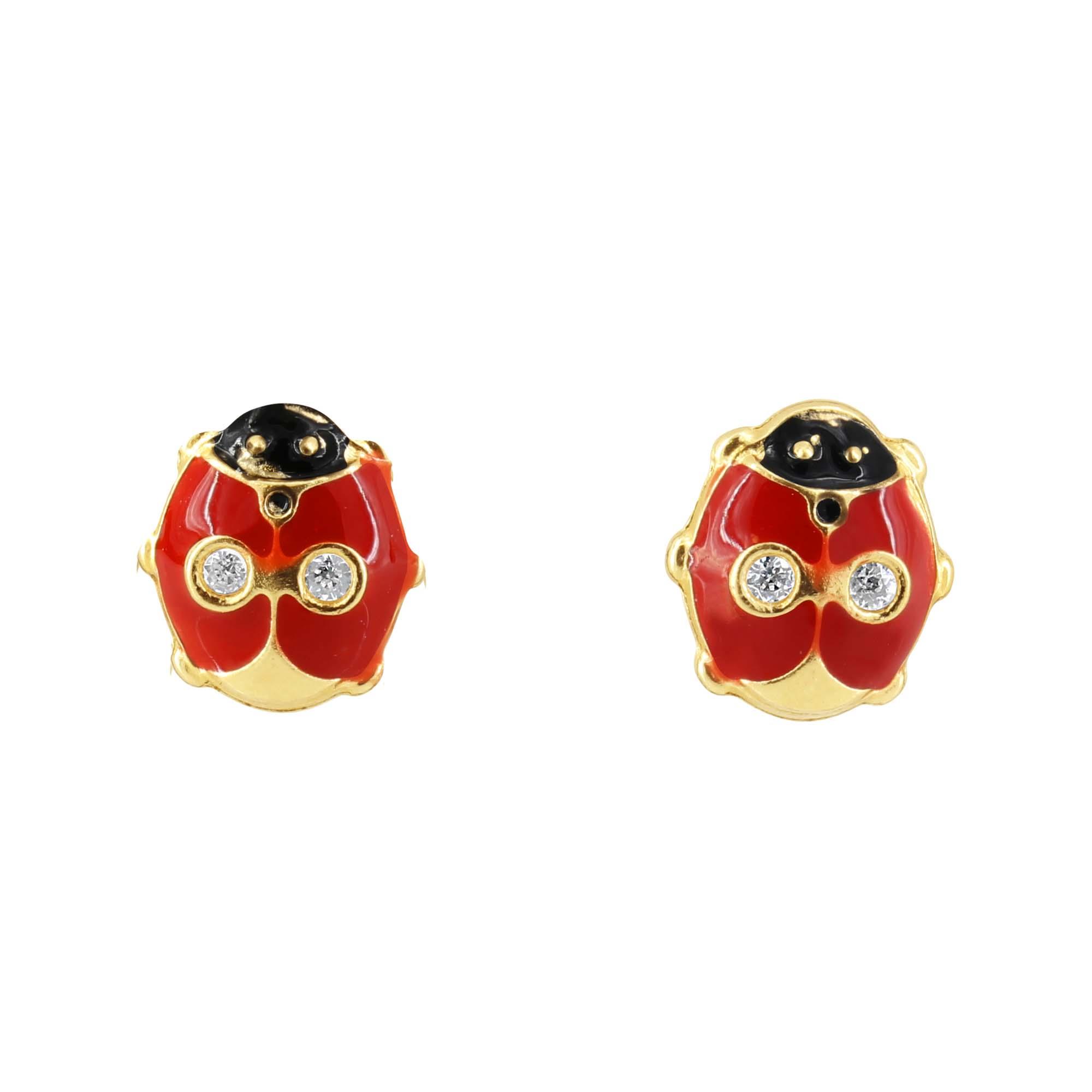 London Collection 14k Yellow Gold Red and Black Enamel with Cubic Zirconia Lady Bug Earrings