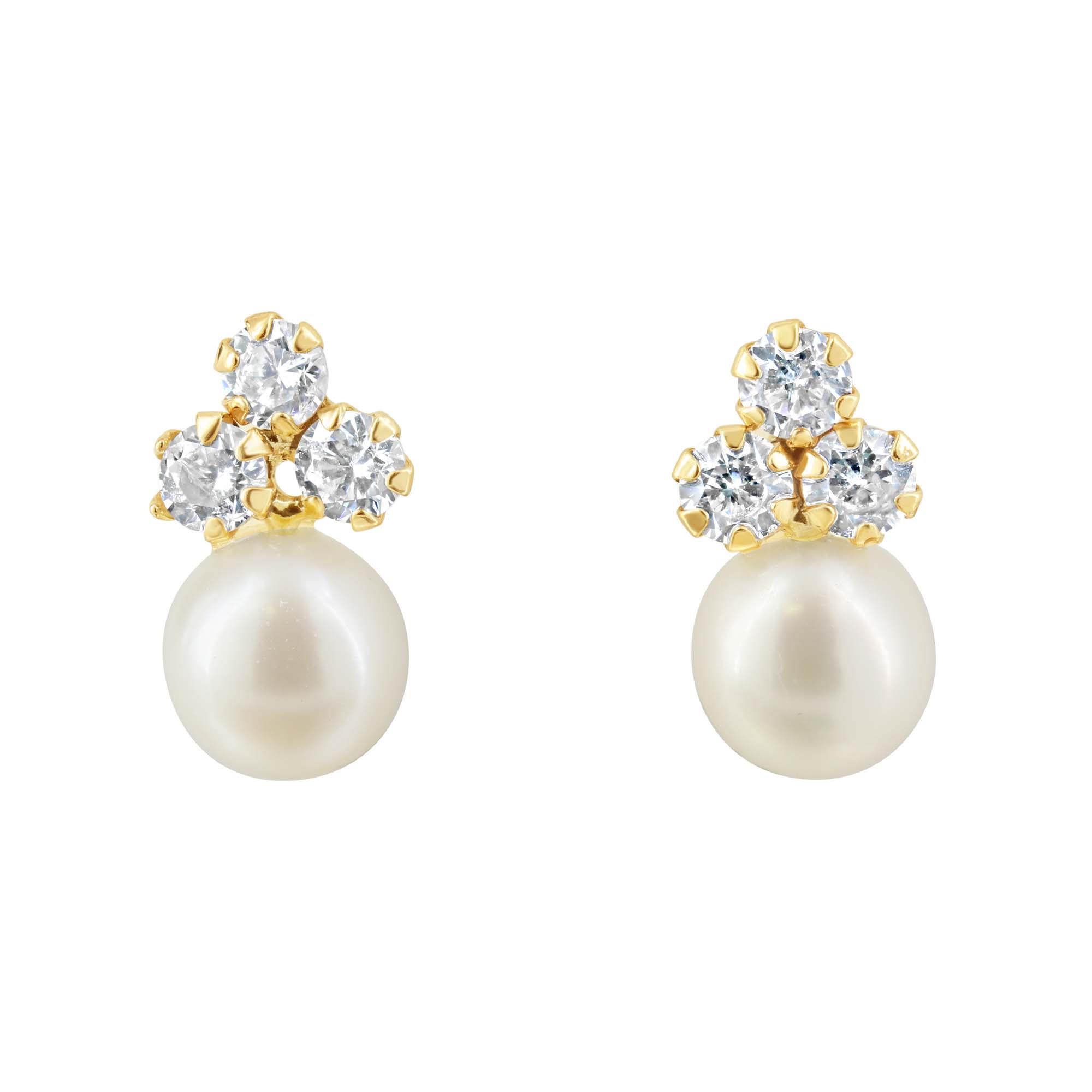 London Collection 14k Yellow Gold Trio Cubic Zirconia and Pearl Stud Earrings