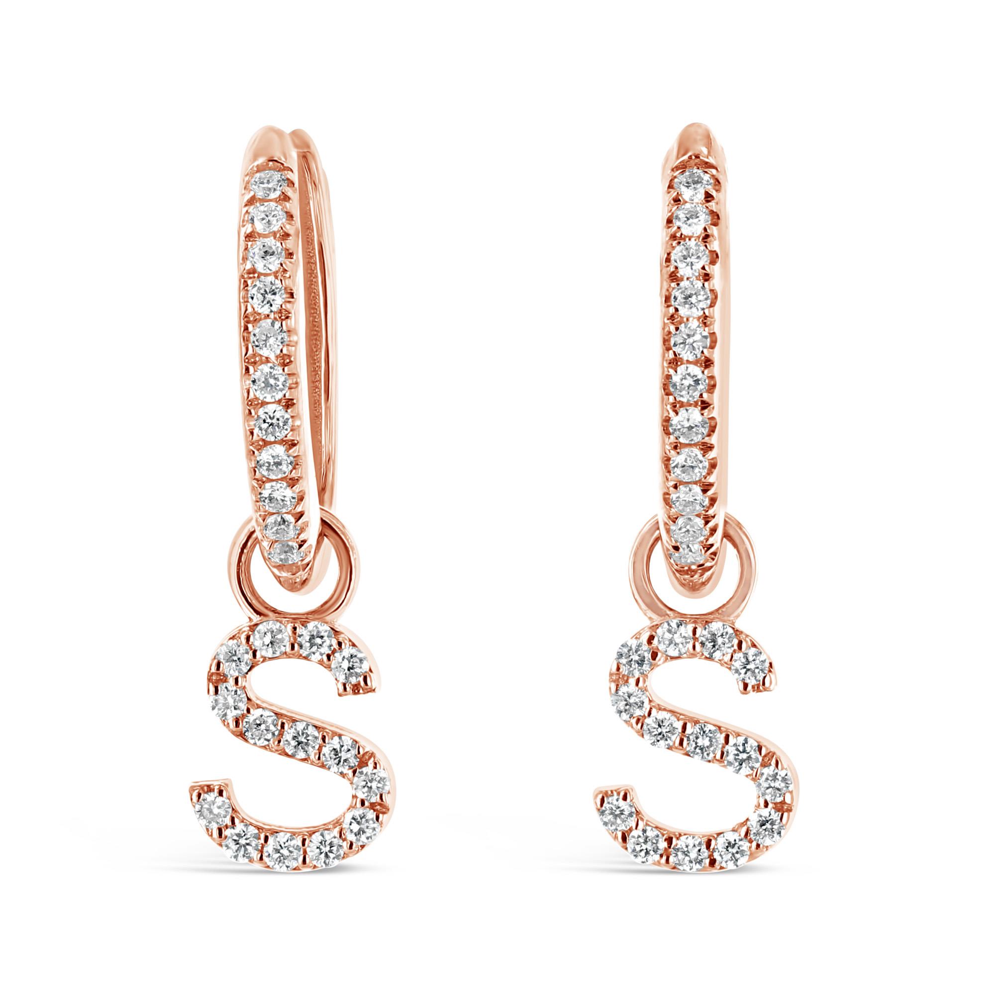 London Collection 18k Rose Gold Diamond Hoop with Initial S Drop Earrings