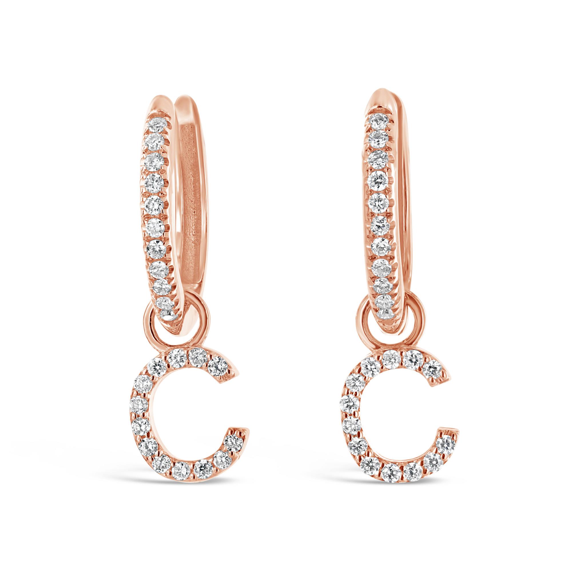 London Collection 18k Rose Gold Diamond Hoop with Initial C Drop Earrings