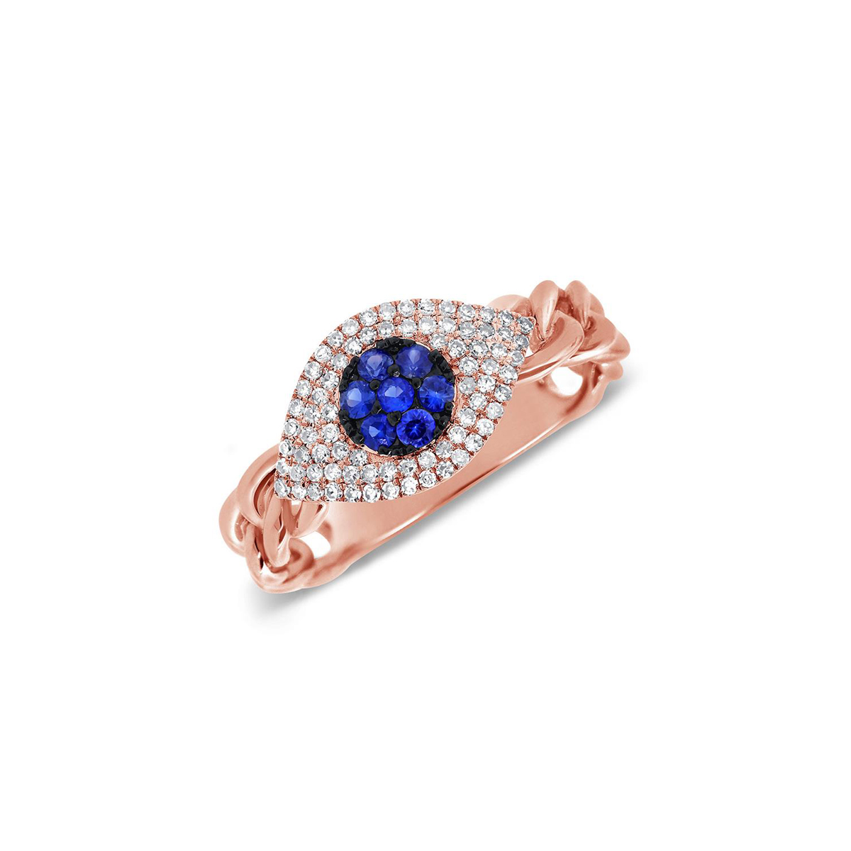 London Collection 14k Rose Gold Diamond and Blue Sapphire Eye Chain Ring