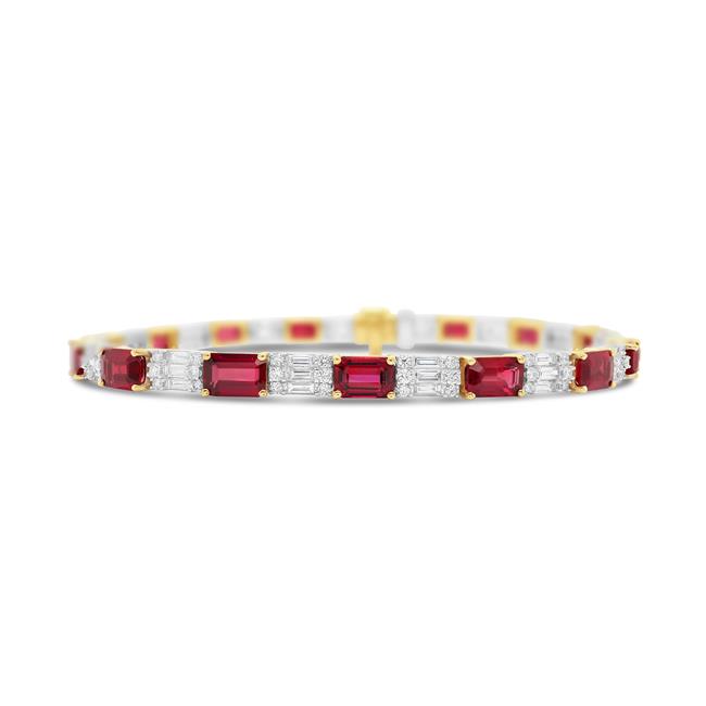 London Collection 18k Yellow and White Gold East West Emerald Cut Ruby and Baguette Diamond Tennis Bracelet