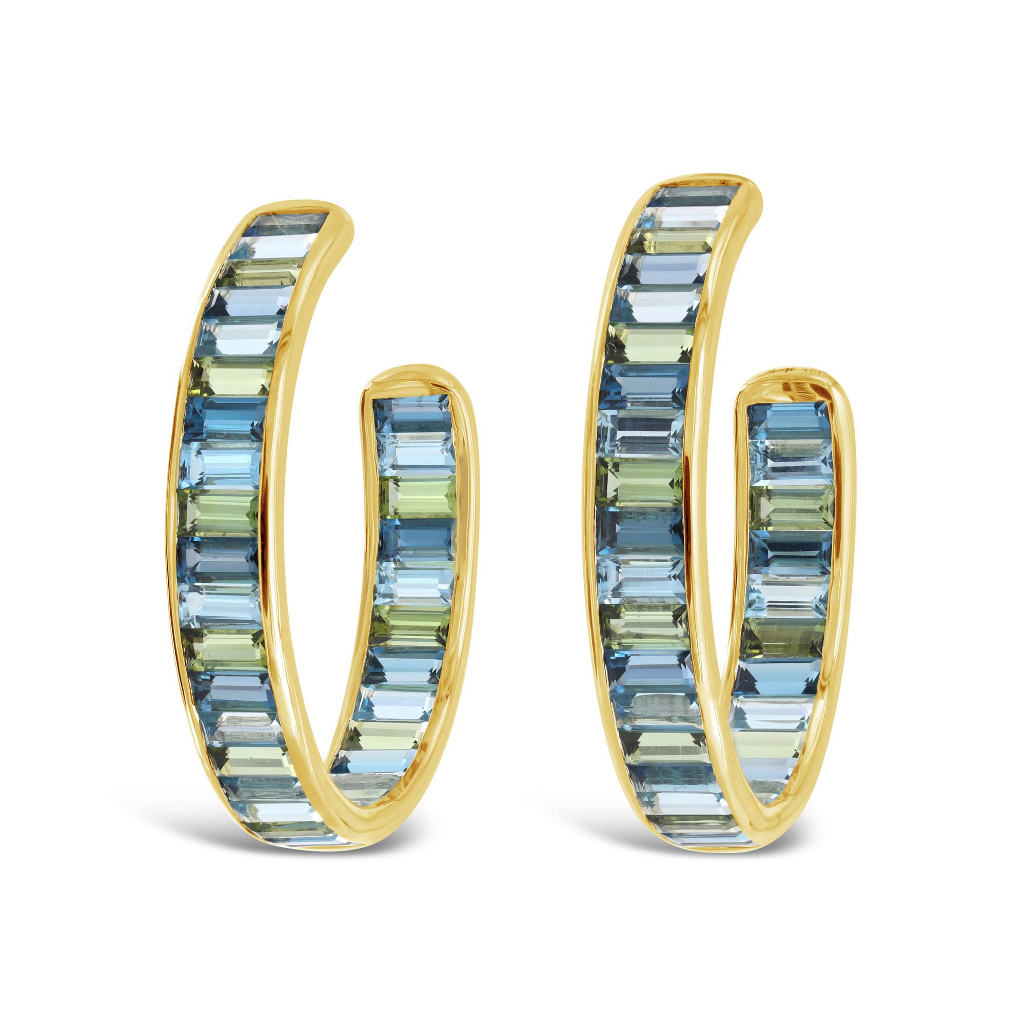 Jane Taylor 14k Yellow Gold Blue Topaz and Green Tourmaline In & Out Hoop Earrings