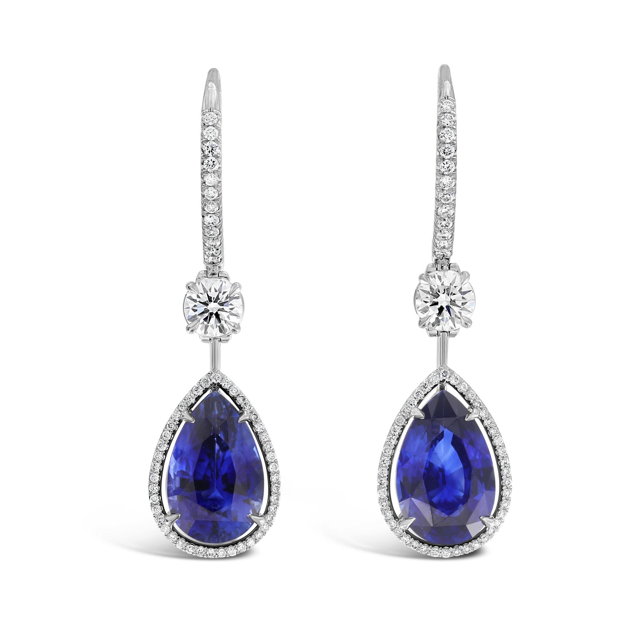 London Collection Platinum Pear Shape Sapphire and Diamond Drop Earrings