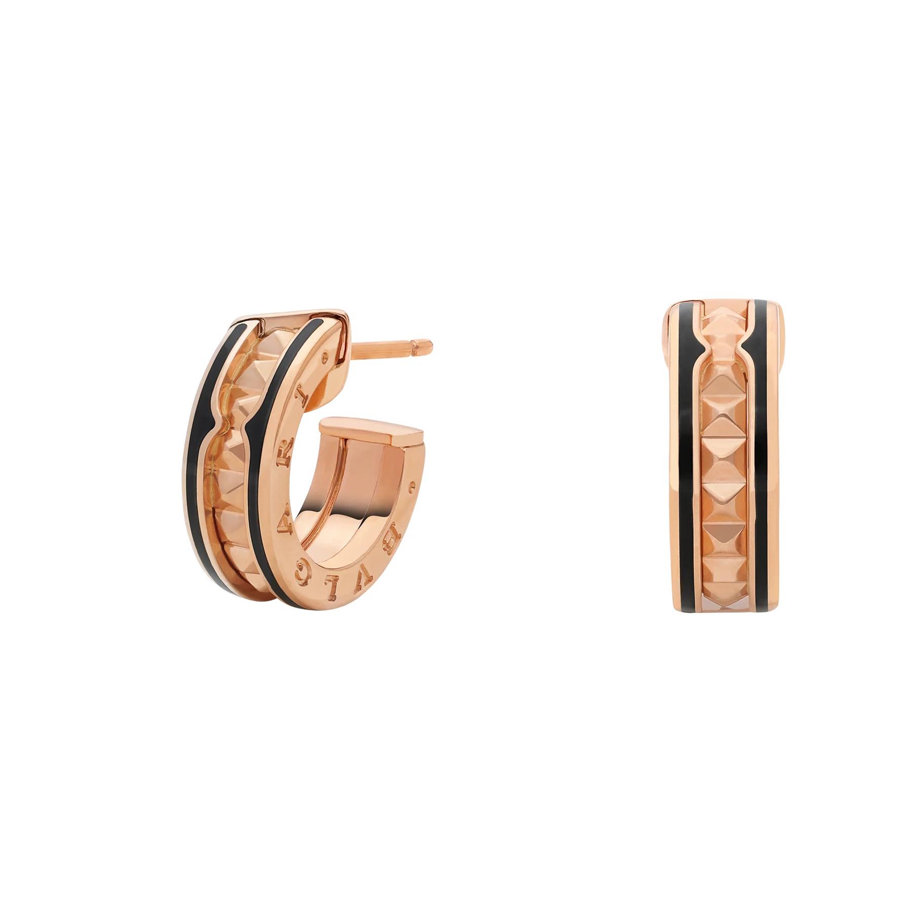 Bvlgari B.zero1 Rock 18k Rose Gold Studded Spiral and Black Ceramic Huggie Earrings