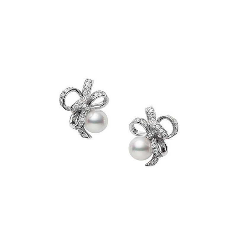 Mikimoto 18k White Gold 7.75mm Akoya Pearl and Diamond Ribbon Earrings