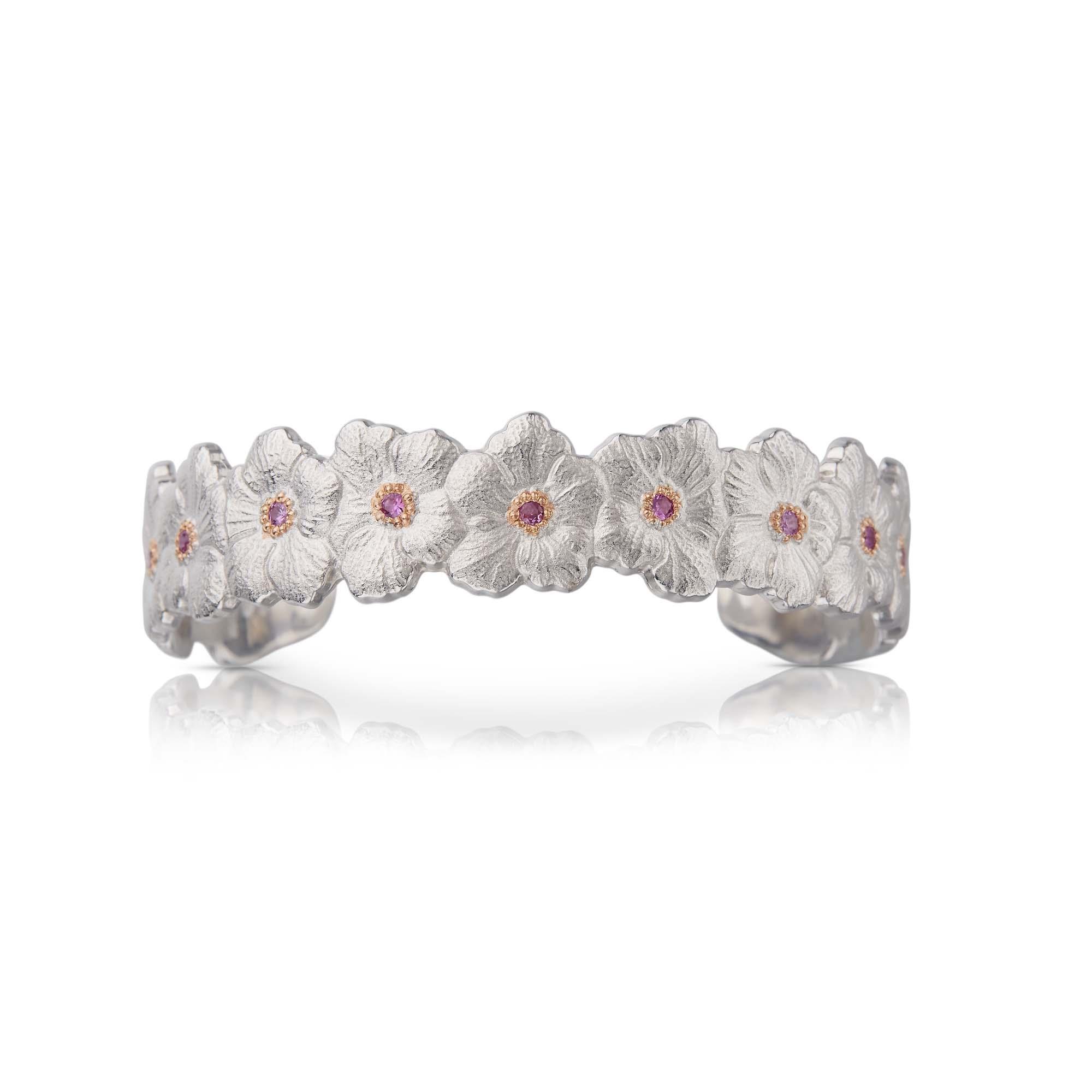 Buccellati Blossom Gardenia Silver and Gold Plated with Pink Sapphires Cuff Bracelet