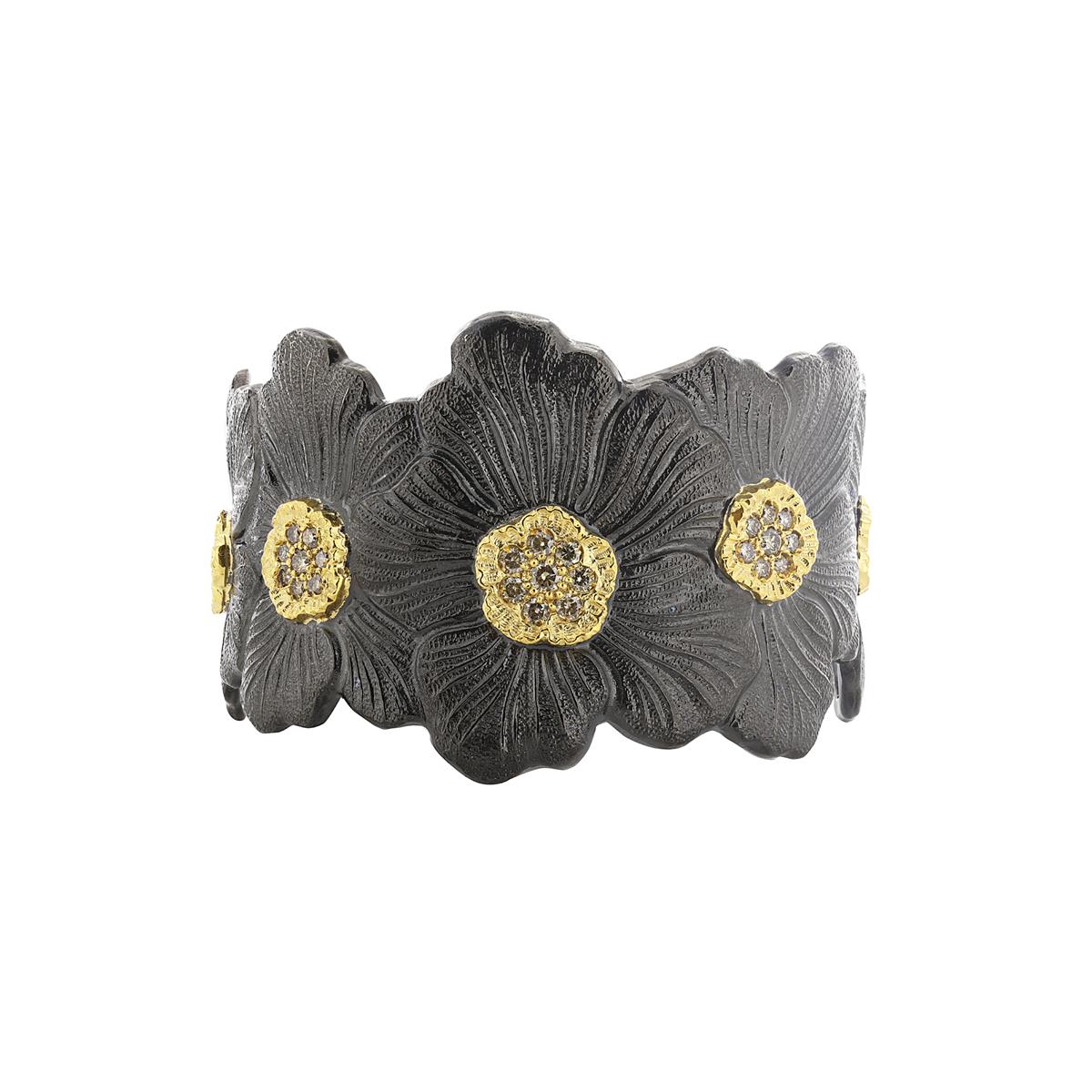 Buccellati Blossom Gardenia Blackened Silver Diamond Cuff Bracelet