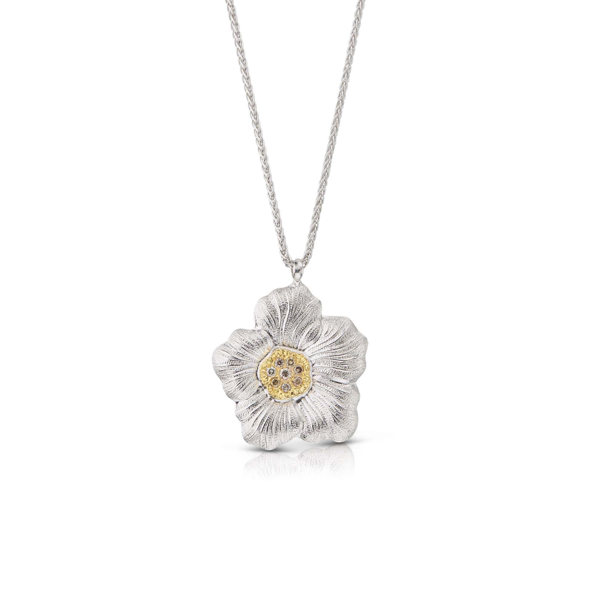 Buccellati Blossoms Gardenia Silver and Gold Plated with Brown Diamonds Flower Pendant