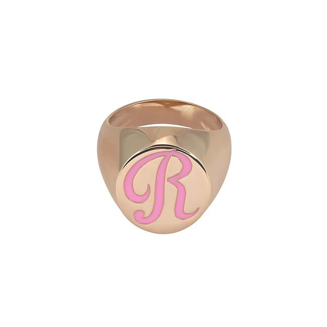 London Collection 18k Rose Gold Pink Enamel Initial "R" Signet Pinky Ring