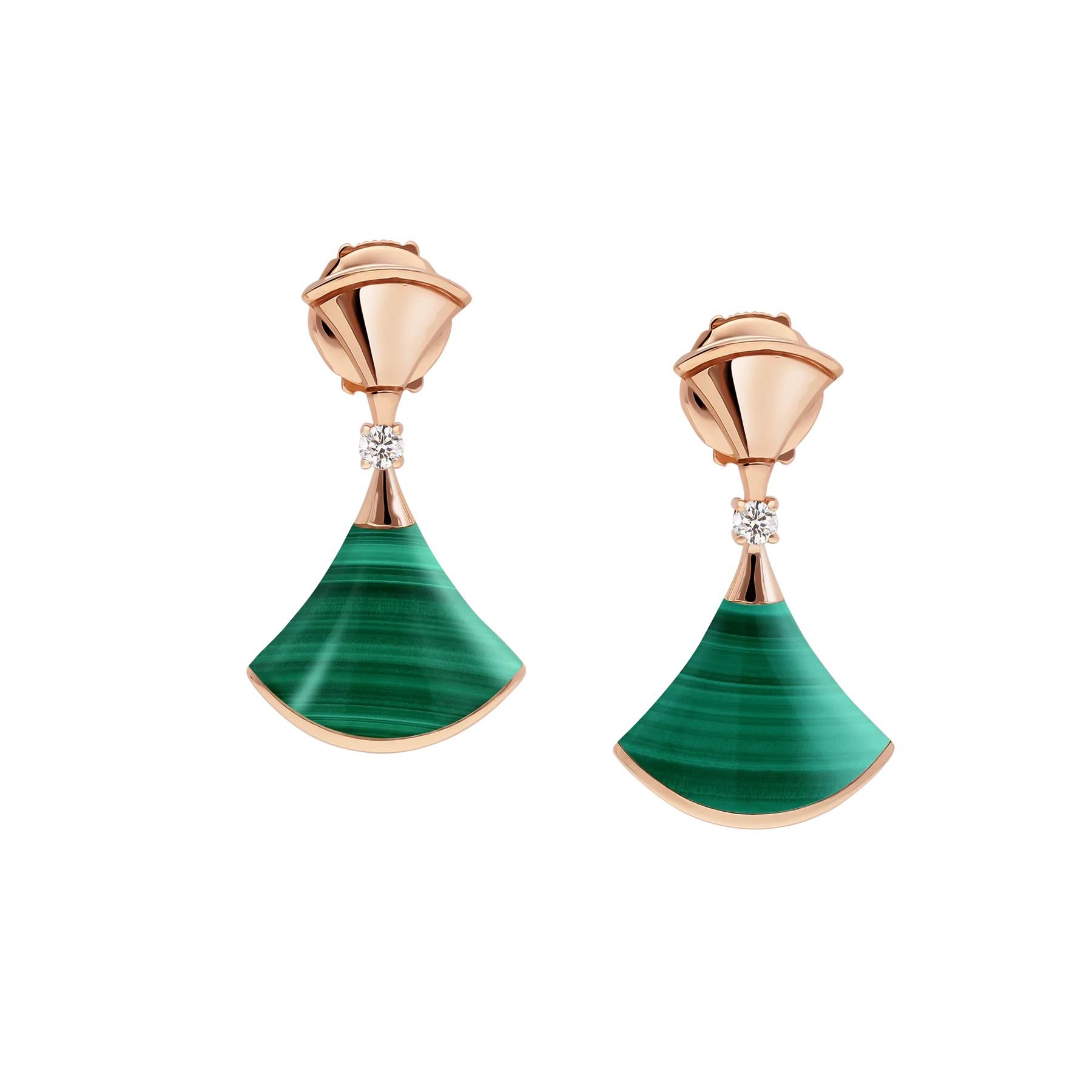 Bvlgari Divas Dream Rose Gold Malachite and Diamond Drop Earrings