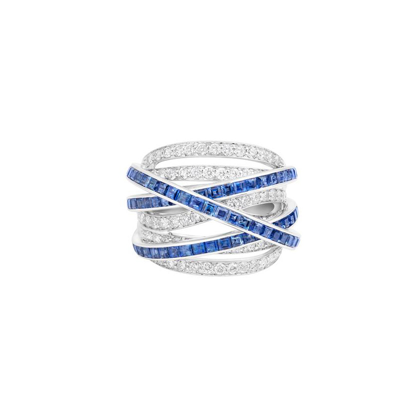 London Collection 18k White Gold Diamond and Blue Sapphire 9 Row Crossover Ring