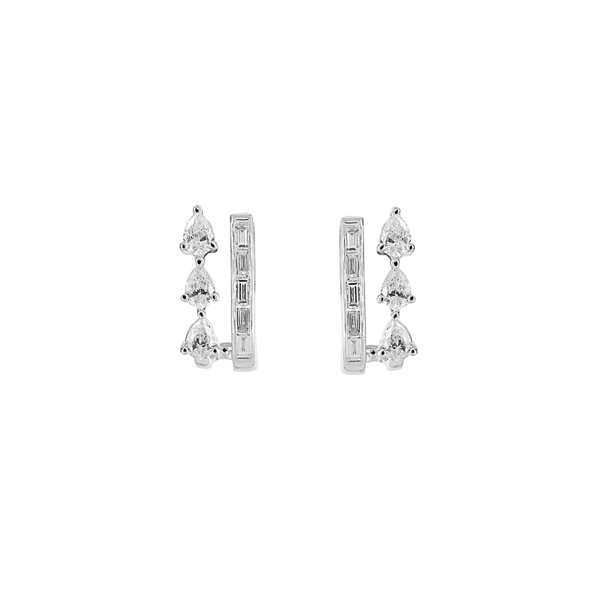 London Collection 18k White Gold Pear and Baguette Diamond Double Huggie Earrings