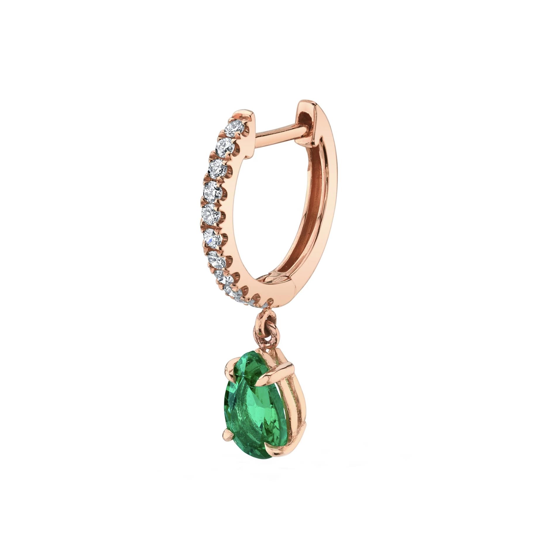 Anita Ko 18k Yellow Gold Diamond and Pear Shape Drop Emerald Single Huggie Earring