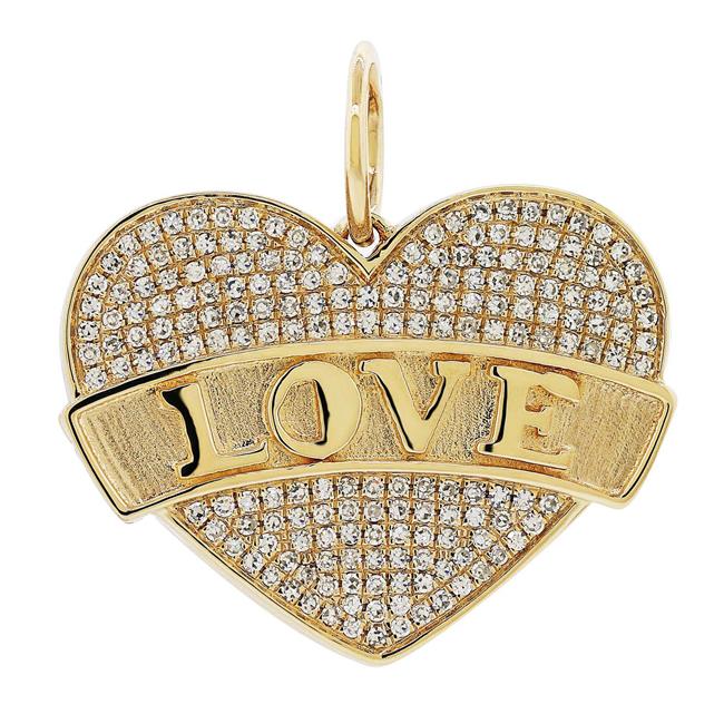 London Collection 14k Yellow Gold and Pave Diamond "LOVE" Heart Pendant Charm