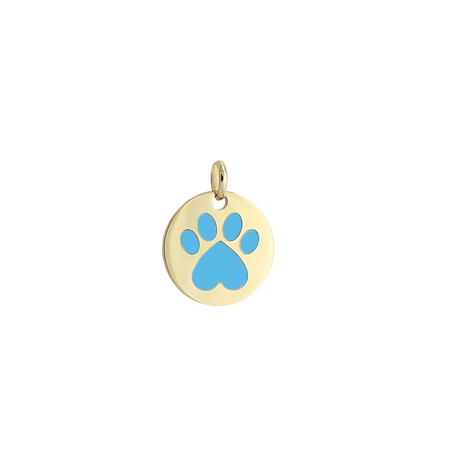 Our Cause for Paws 14k Yellow Gold Round Disc Turquoise Inlay Paw Charm