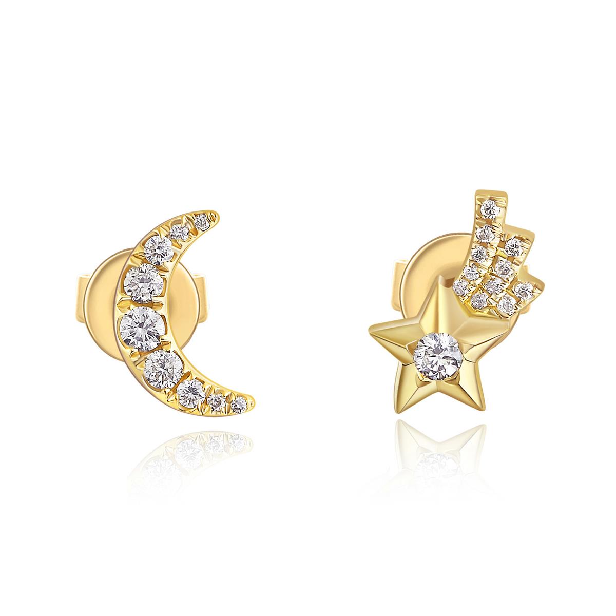 London Collection 14k Gold Moon and Star Pave Diamond Stud Earrings