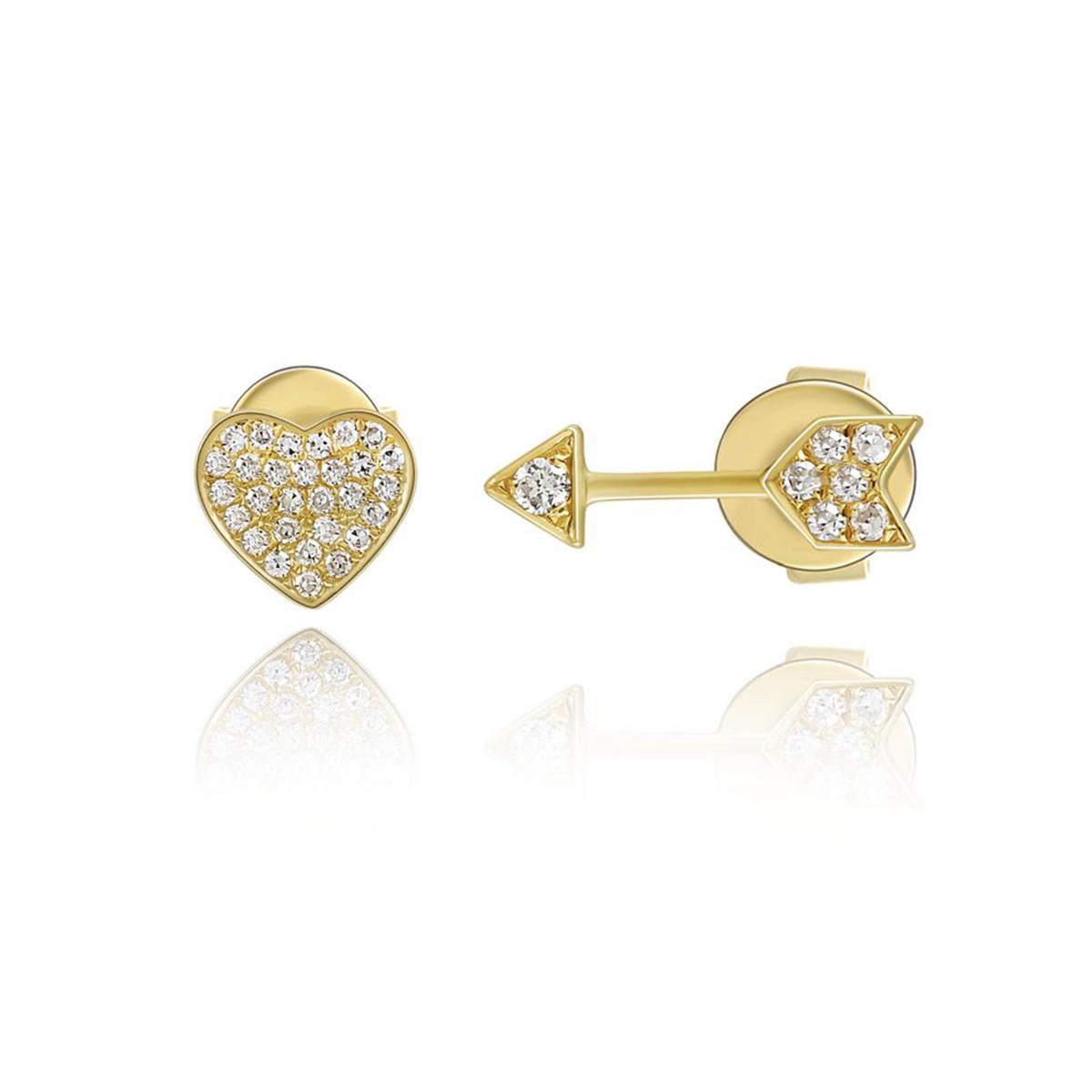 London Collection 14k Gold Heart and Arrow Pave Diamond Stud Earrings