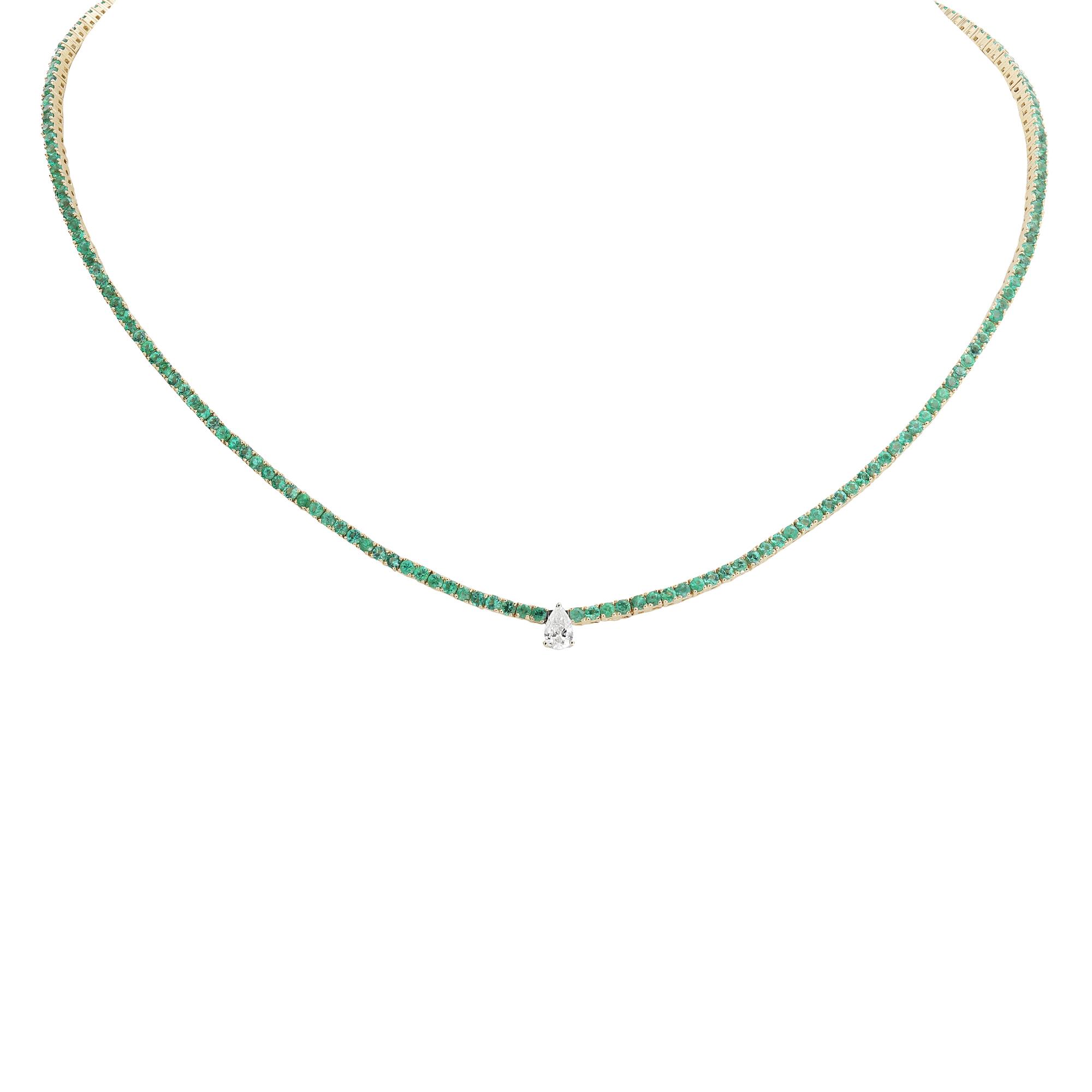 London Collection 14k Pear Diamond and Emerald Tennis Necklace