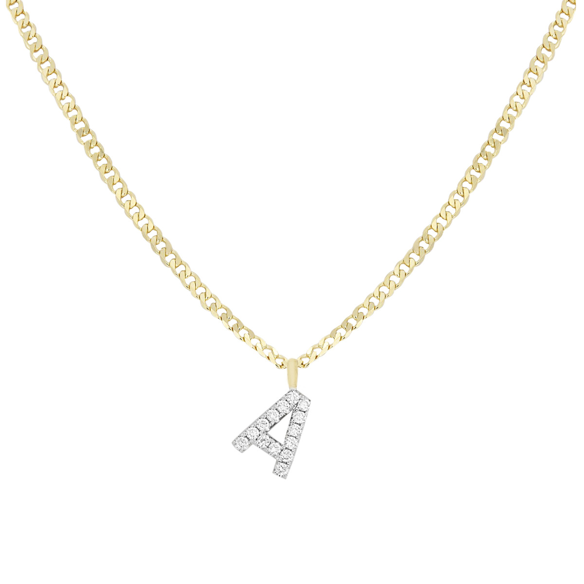 London Collection 14k Yellow and White Gold Diamond Initial "A" Cuban Link Necklace