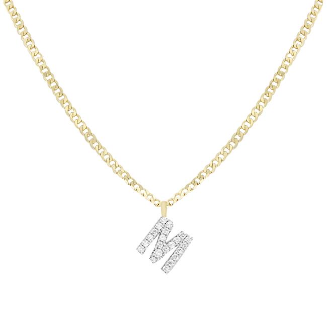 London Collection 14k yellow and White Gold Diamond Initial "M" cuban link necklace